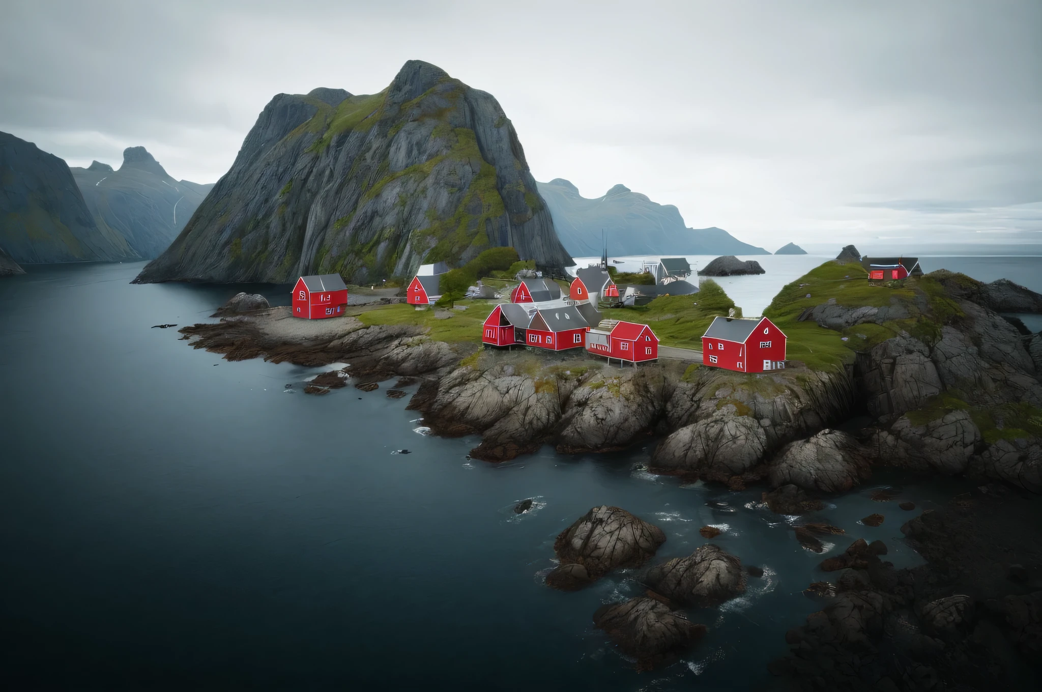 there is a small red house on a rocky island with a mountain in the background, by Harald Giersing, by Johannes Voss, by Sven Nordqvist, by Sebastian Spreng, by Roar Kjernstad, norwegian landscape, by Paul Emmert, by Ejnar Nielsen, by Arik Brauer, by Anton Lehmden