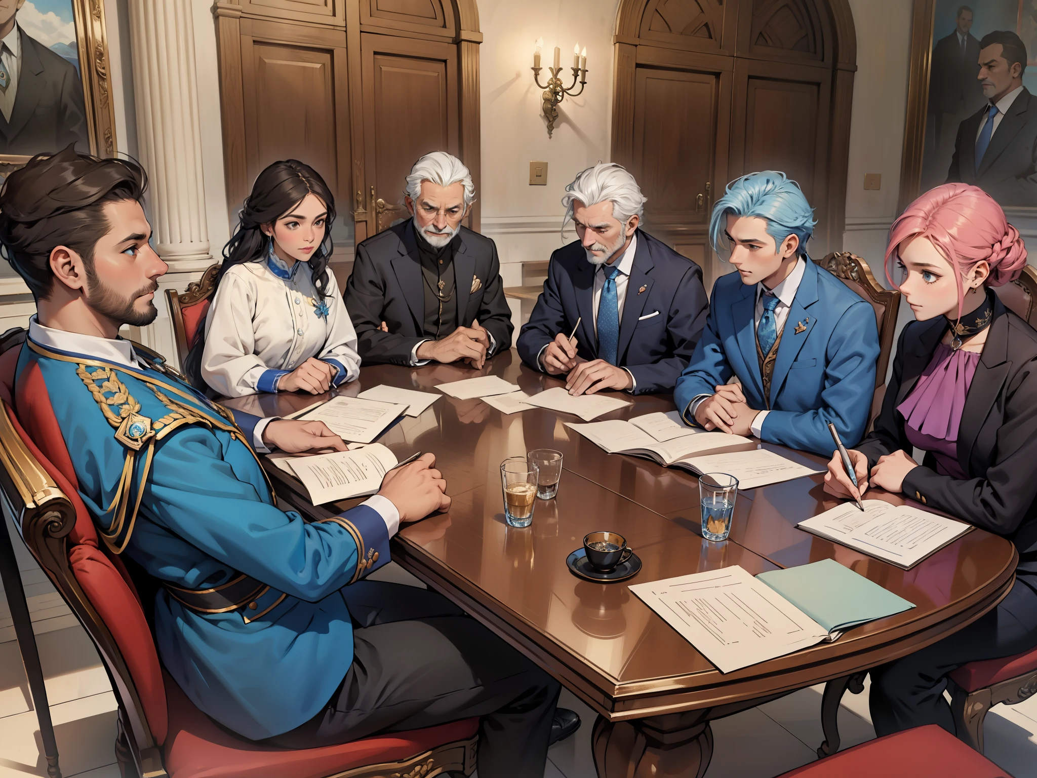 vista una camira de principe persa azul claroun frupo de personas del gobiernos reunidos estan tendiendo una trampa