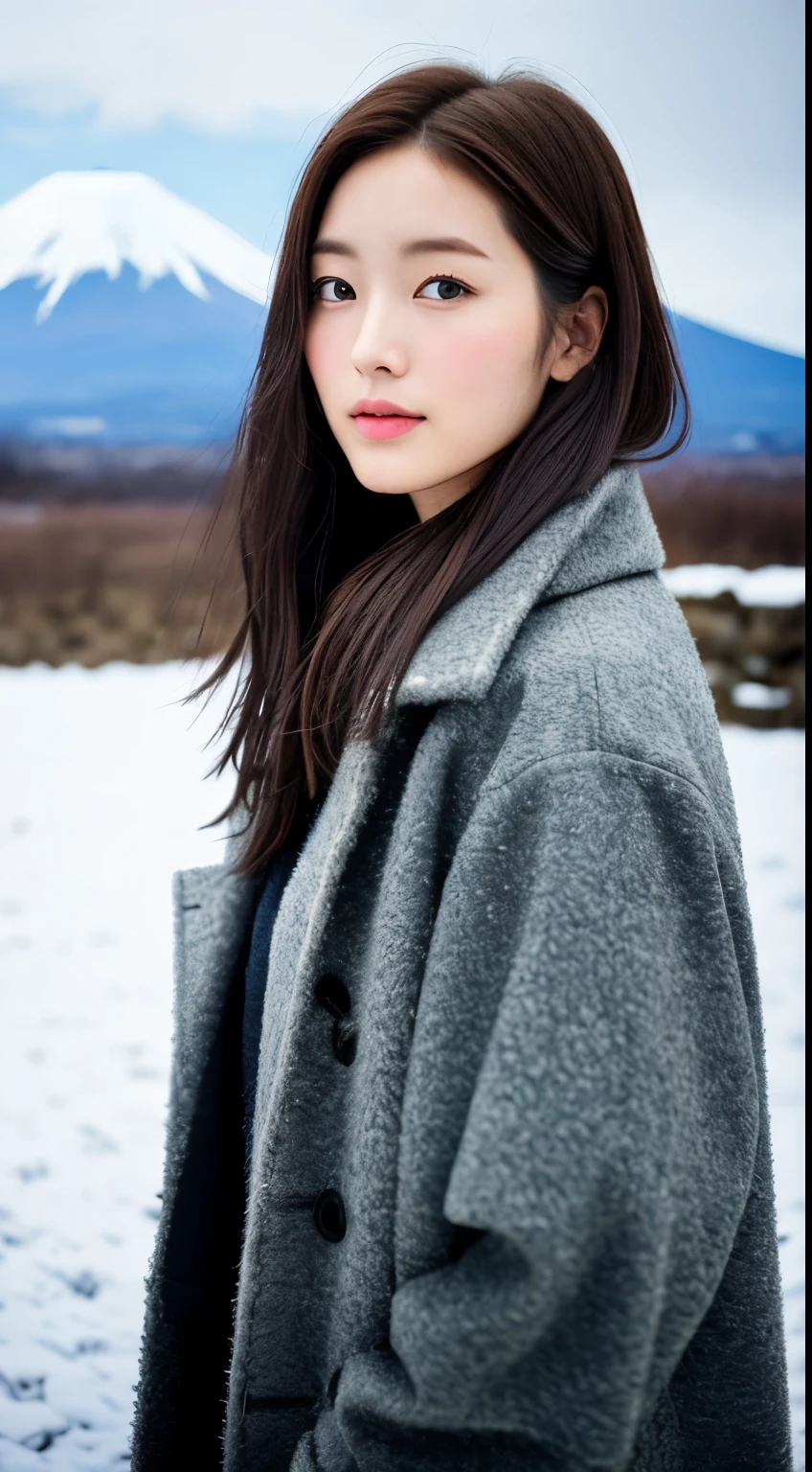 realistic photos of (1 cute Korean star) Shoulder-length hair, thin makeup, medium breasts size, wearing coat, in the snow, clear facial features, 8K high resolution, sharp and realistic details from outside, Eye-Level Shot, f/4.0, 135mm, Fujifilm, jpeg artifacts, dithering, UHD, masterpiece, Mount Fuji in the background.