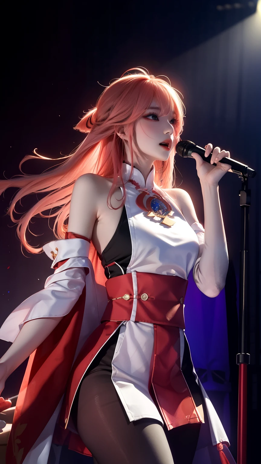 背景是一场concert,masterpiece,8k,high definition resolution,light,theater,light,fulfill,teenage girl,((microphone)),concert,fulfillance,fashionable clothes,short skirt,singer,Idol,crop topping,Off the shoulders,Naked trench,Bare thighs,Super detailed的脸, 细致的Eye睛, 双Eye皮,((Super detailed)),((delicate face)), 美丽细致的Eye睛, (emphasize,gradient hair),long hair, Floating hair, valley bladder indulgence,Eye,Genshin_Influence,look at the audience, ((Vision)), strong light and shadow, lens,masterpiece,super quality,theater stage,real silk,18 years old,大Eye睛,紫色Eye睛,wearing tights的女人拿着microphonesing on stage, Inspired by Vanessa Beecroft, Perforated stage costume, Korean concert, Inspired by Sorayama Moto, sing on stage, Sorayama Kazuo's style, wear tights, wearing tights,period mirror piece