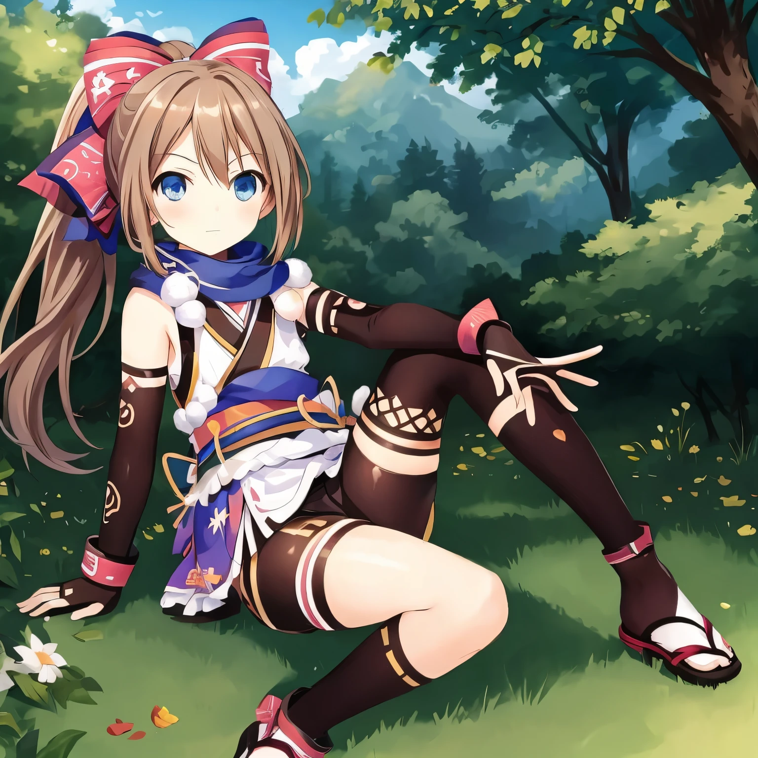 (very detailed:1.1),(very detailed:1.1),(highest quality:1.1),(masterpiece:1.1), alone, 1 girl, Ram Neptunia, Ramgo, blue eyes, brown hair, ribbon, ponytail, ninja, kimono, bandage, Sarashi, ヘアribbon, bike shorts, elbow bag, ankle wrap, fingerless gloves, shoes without toes, scarf, outdoors, whole body, dynamic pose