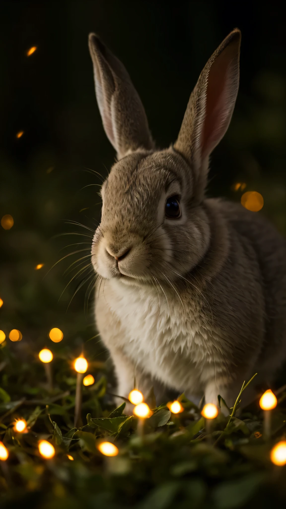 close up photo of a rabbit in an enchanted forest, nighttime, fireflies, volumetric fog, halation, bloom, dramatic atmosphere, centred, rule of thirds, 200mm 1.4f macro shot