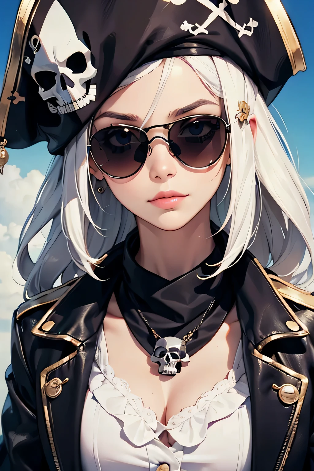 stylish design, cute lovely pirate skull, focus on the face, Stylish sunglasses, Fashionable hats, beautiful flower, highest quality