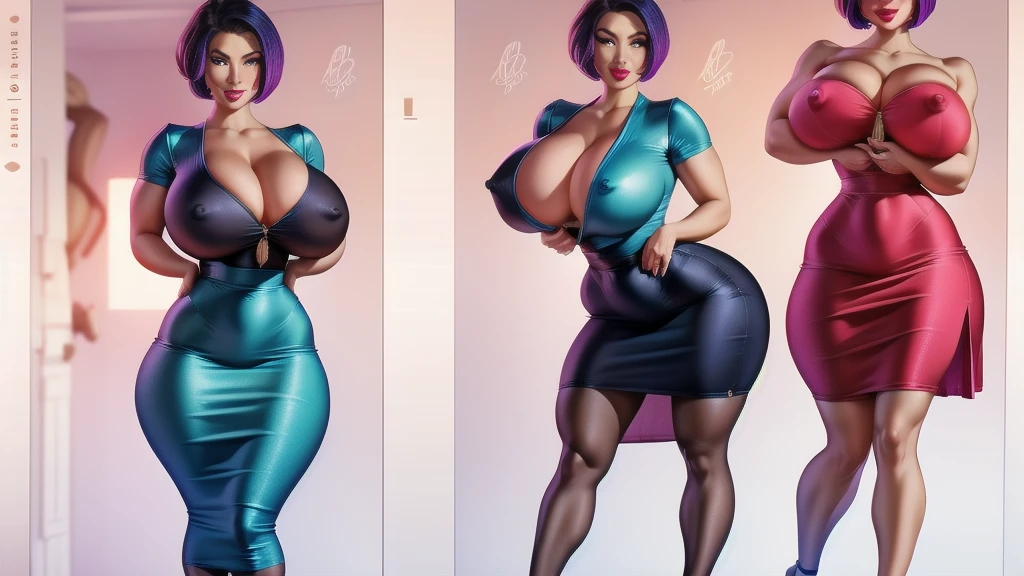 (Huge bust, nursing mother character design sheet), realistic, detailed, gorgeous florals, neat makeup, less revealing nursing outfit, low heels, curvy figure, confident posture, large accessories that won't fit in 's mouth, short cut hairstyle, standing posture, bright background, Vibrant colors, professional concept art style, high resolution, studio lighting, fine detail, dynamic poses, (large covered nipples), huge breasts, large buttocks.