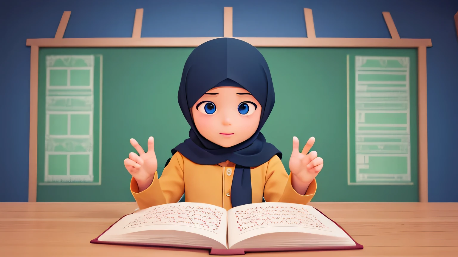 illustrate muslim children's story book illustration and children story book illustration, vector illustration, islamic wears, classroom scene, reading on chailkboard, good and high quality image  of the hands, body,  8k high resolution, good hands, body and face 
