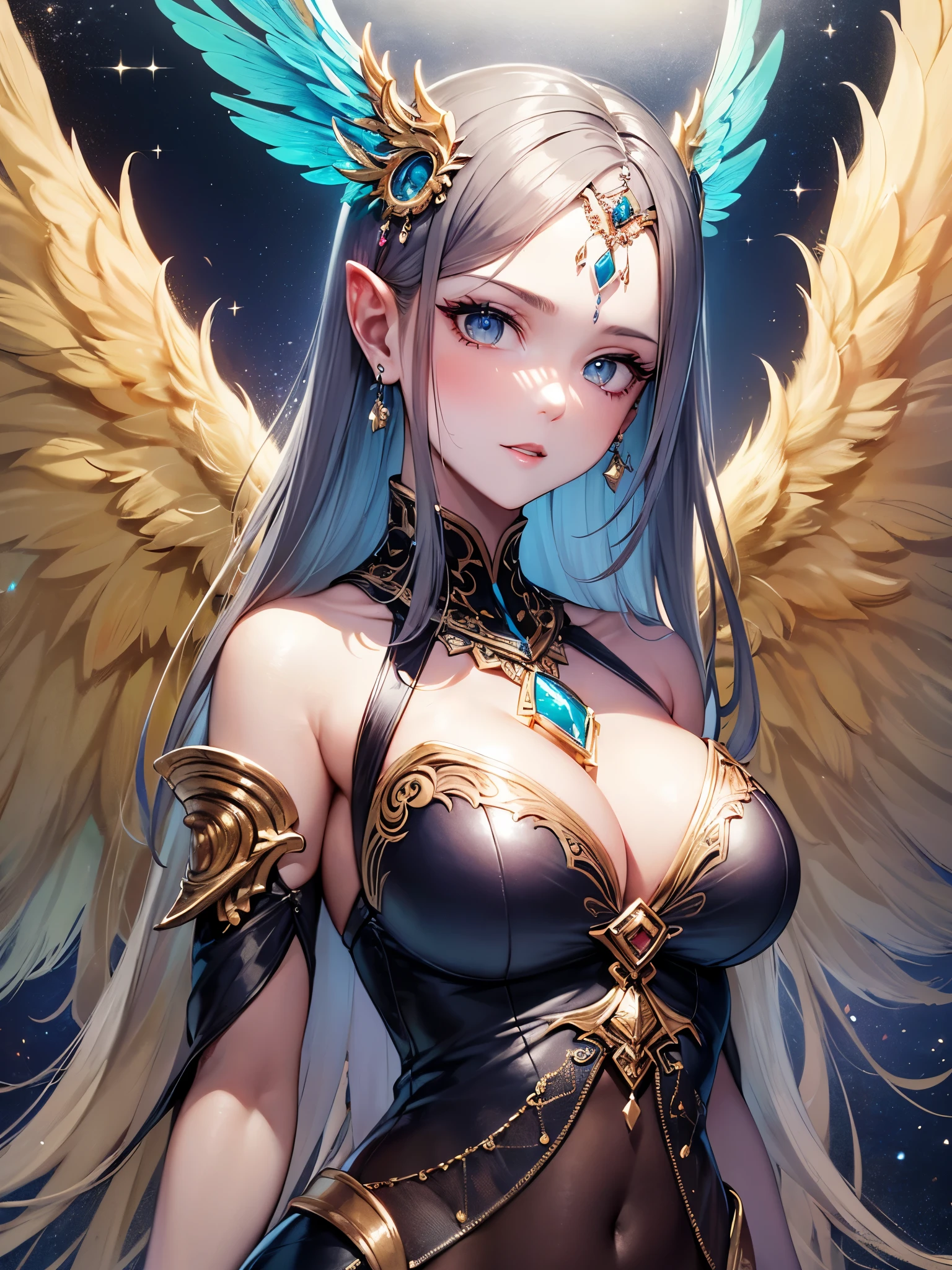 ((highest quality)),(ultra high resolution),(Super detailed),(detailed description),((best CG)),(best work of art),super precision art,amazing drawing art,(Art with precise details:1.5), (Female angels:1.5),(beautiful and neat face:1.6),(Powerful wings:1.6),(Jewelry with sparkling gems:1.,8),full of confidence々:1.2,