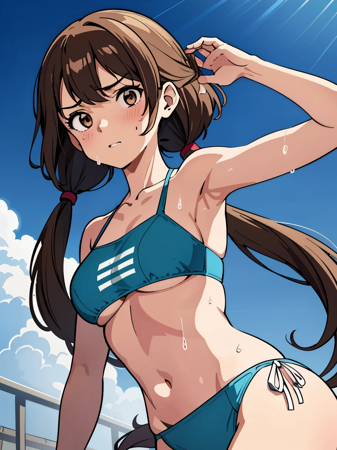 best quality, masterpiece, flat color, cel shading, solid outline, 1 girl, face and body straight at the camera, embarrassed, backlit, silhouette lighting, brown low twintails hair with bangs, wind is blowing her hair, detailed face, wet skin, she sweating a lot, ivory triangle bikini, underboob, from station platform of tokyo