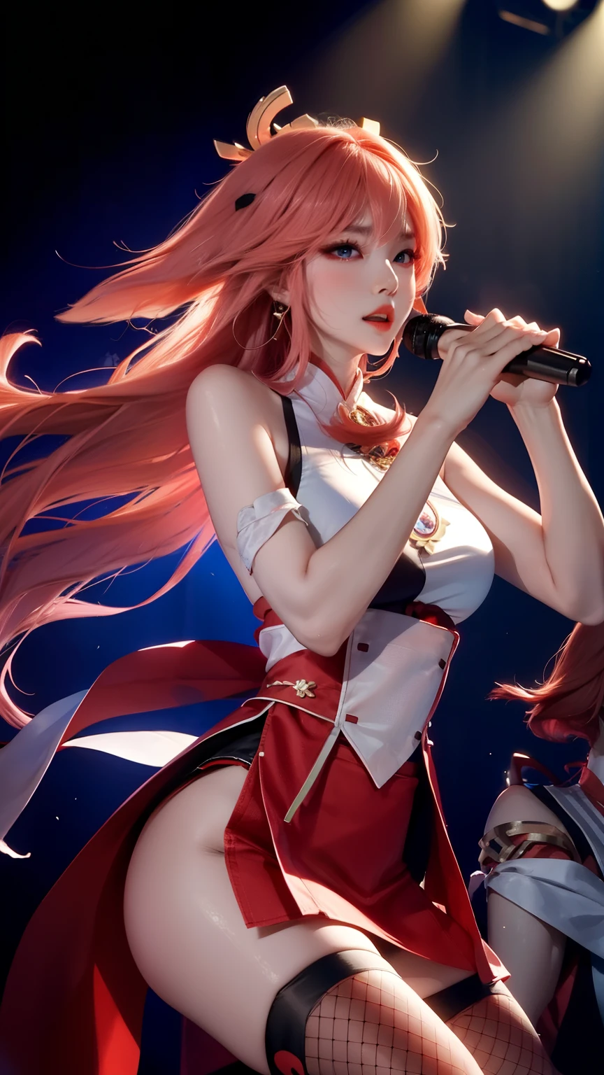 背景是一场concert,masterpiece,8k,high definition resolution,light,theater,light,fulfill,age girl,((microphone)),concert,fulfillance,fashionable clothes,short skirt,singer,Idol,crop topping,Off the shoulders,Nakench,Bare thighs,Super detailed的脸, 细致的Eye睛, 双Eye皮,((Super detailed)),((delicate face)), 美丽细致的Eye睛, (emphasize,gradient hair),long hair, Floating hair, valley bladder indulgence,Eye,Genshin_Influence,look at the audience, ((Vision)), strong light and shadow, lens,masterpiece,super quality,theater stage,real silk,18 years old,大Eye睛,紫色Eye睛,wearing tights的女人拿着microphonesing on stage, Inspired by Vanessa Beecroft, Perforated stage costume, Korean concert, Inspired by Sorayama Moto, sing on stage, Sorayama Kazuo's style, wear tights, wearing tights,period mirror piece,huge