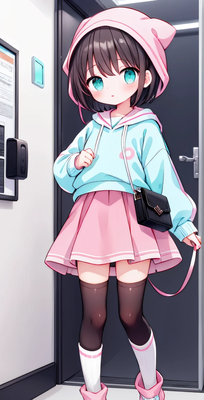 Girl with short dark hair，shy，blush，earphone，Turquoise sweatshirt，pink skirt，White knee socks，black boots，