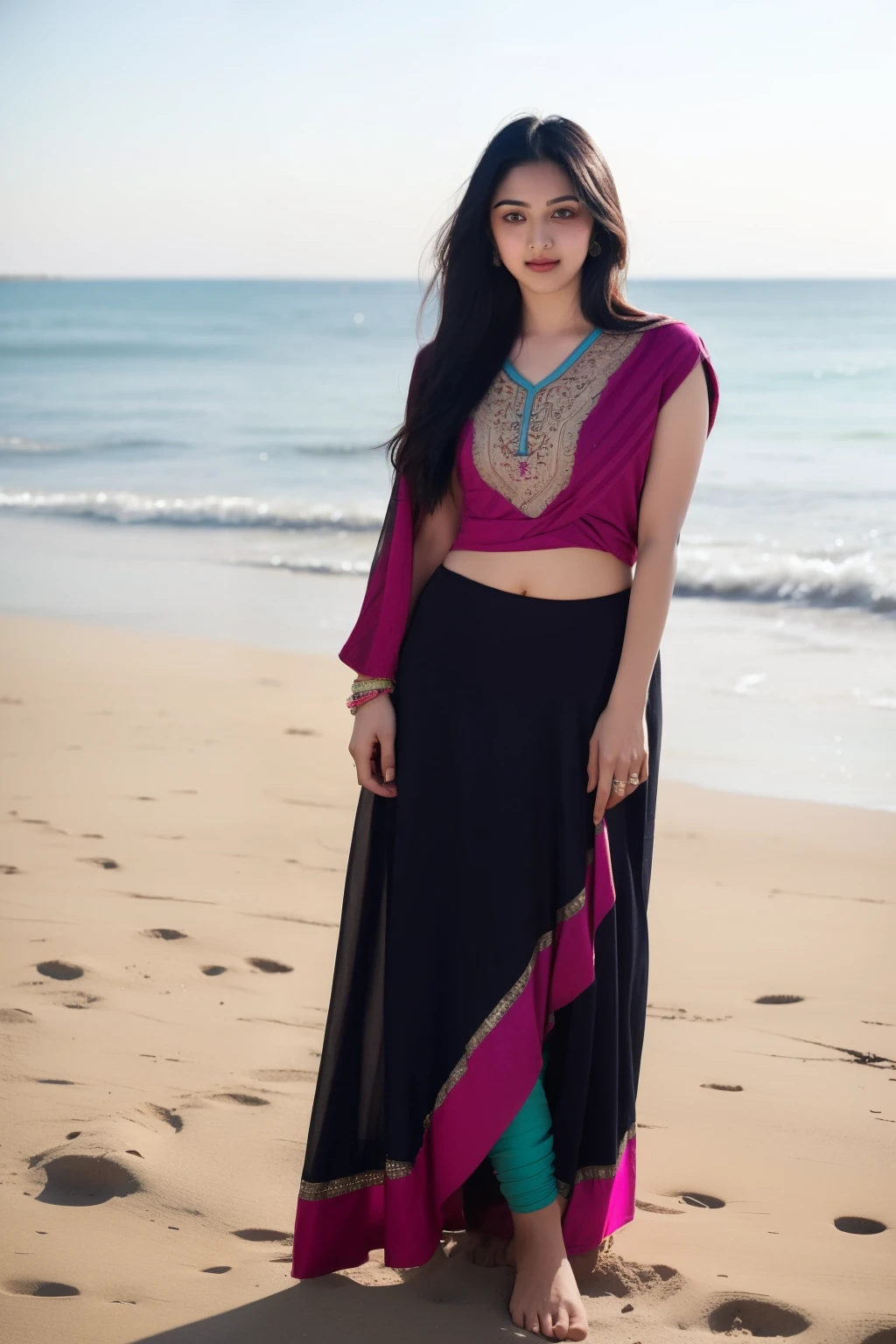 beautiful cute young attractive indian age girl, village girl, 18 years old, cute, Instagram model, long black_hair, colorful hair, warm, dacing, in beach
indian with salwar