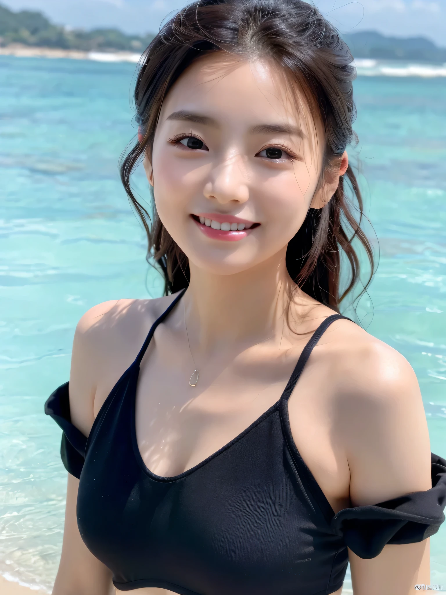 1 Attractive、((highest quality、8K masterpiece:1.3))、sharp focus:1.2、(super beautiful face:1.0)、(shiny skin:1.0)、realistic pictures、black haired、video writing、High resolution eyes and face、video writing、(cute korean actress)、from the front、beautiful breasts、smile、The beauty of slender abs、whole body、Wearing a see-through T-shirt、on the beach at night