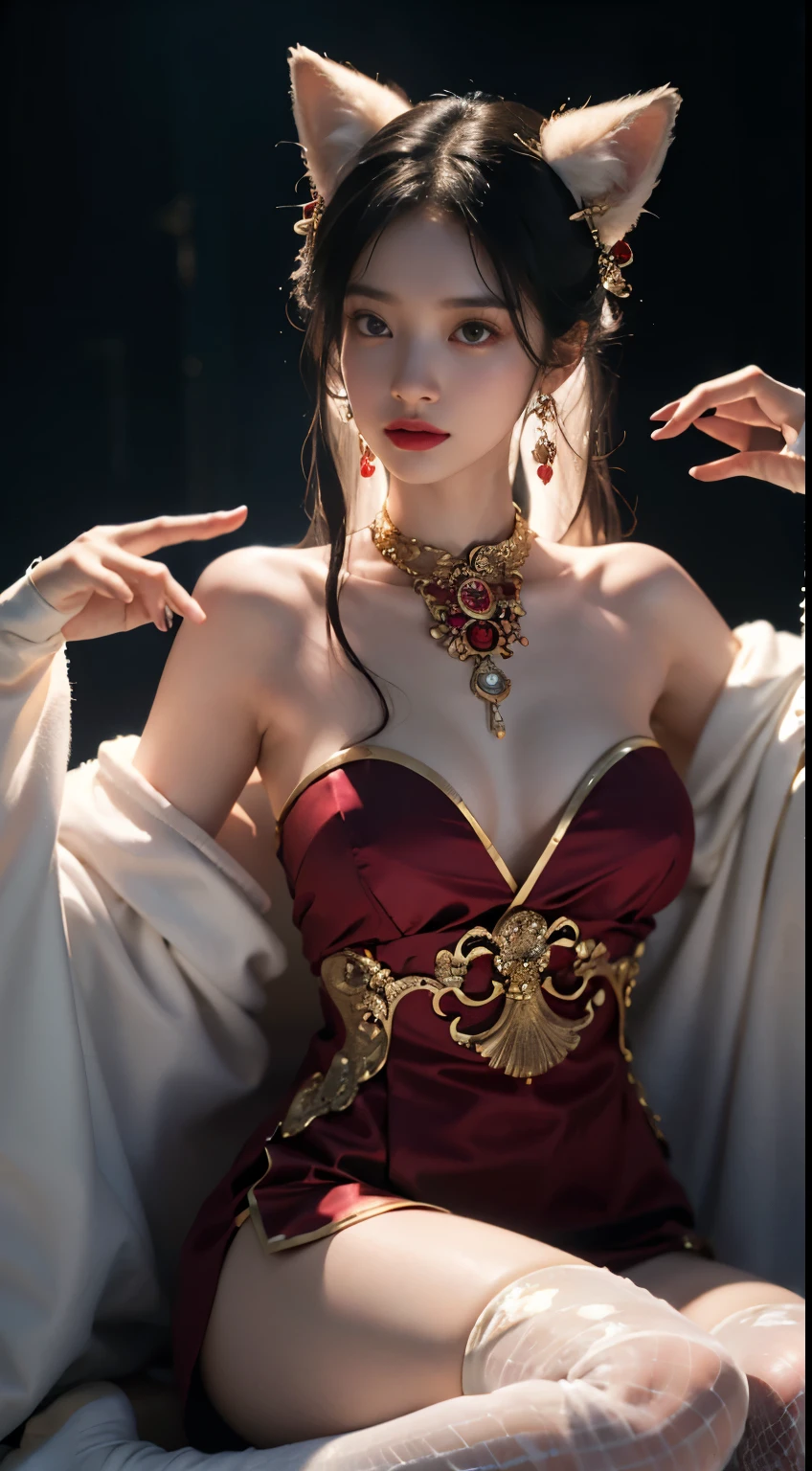 1 adult queen wearing a red blouse，White-haired girl with fox ears，Female fox pose，Chinese style clothes，Ancient costume with many phoenix patterns，Flawless pink face，Coronal head，hip-length black hair，Very nice sharp brown eyes，Small red lips，Draw lips，Keep one's mouth shut，Jewelry worn around the neck，耳Nipple Ring，White and even teeth，a tall nose，big round breasts， the girl's body is covered with water on chest，long leges，thin mesh black socks，sportrait，most realistic，HighestQuali，best pixels，8K Ultra，the night，（Transparent super big moon background：1.8）,nude ,show pussy. ,leg spreading