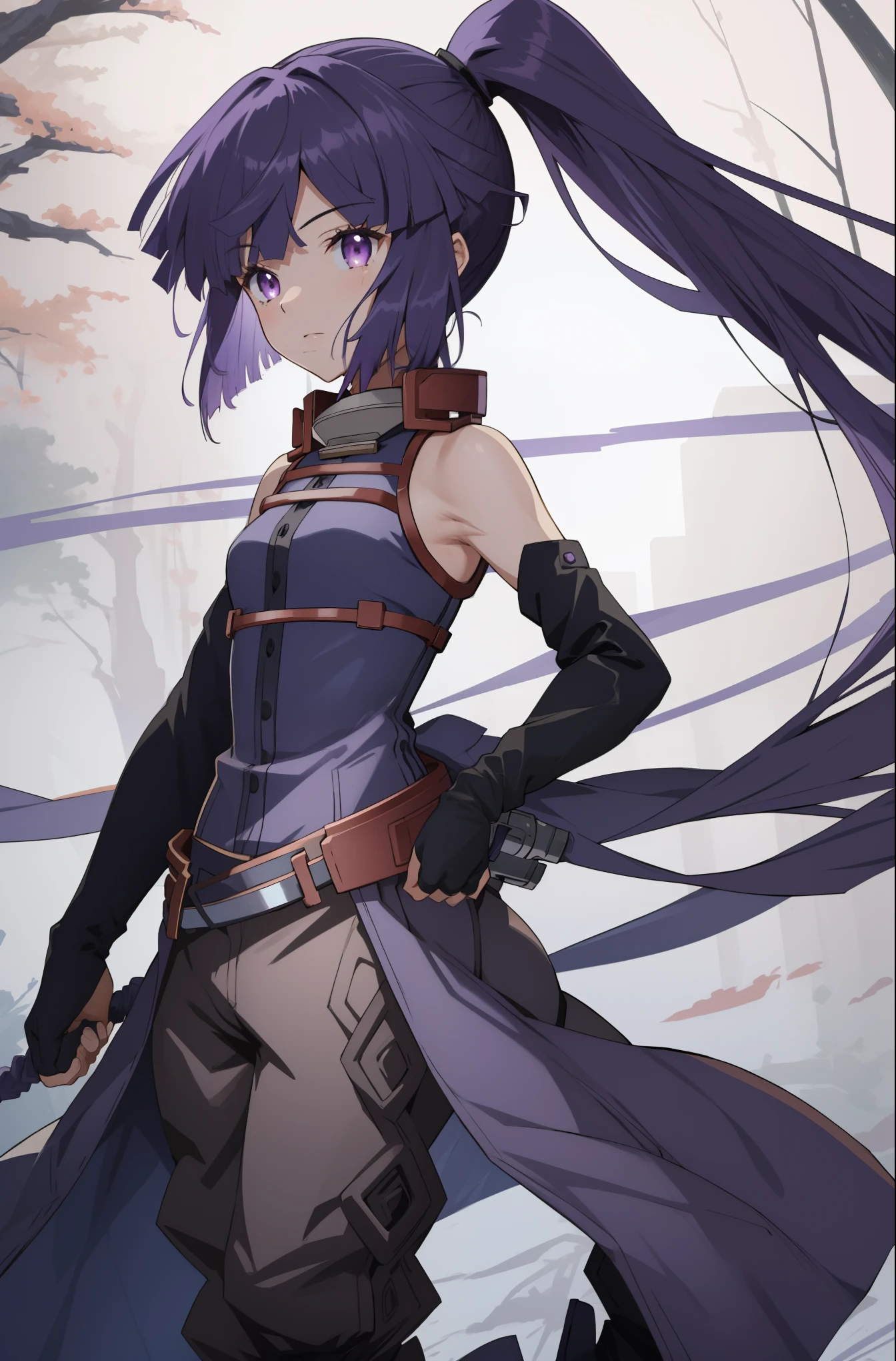 intricate details,1girl,akatsuki_loghorizon,  purple hair, long hair, ponytail, purple eyes, bare shoulders,elbow gloves,boots,pants,top-quality,Top image quality,perfect anatomy,masterpiece,ultra-detailliert,Beautiful、ultra-quality, best quality,high resolution, ultra-detailed,game cg,dutch angle ,beautiful detailed eyes, visualart,five fingers, perfect hands,