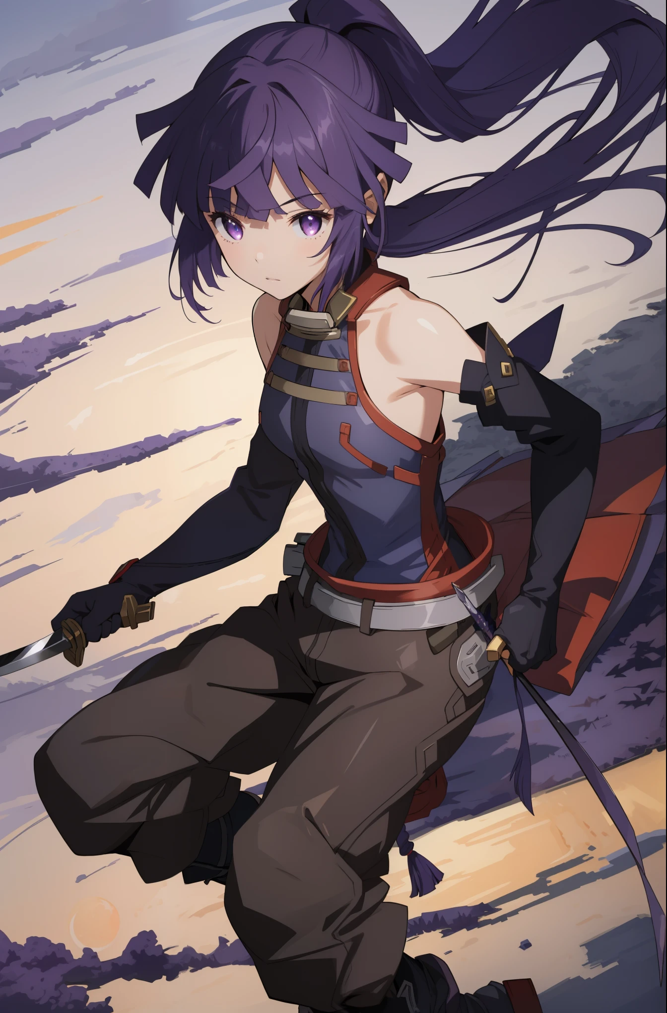 (masterpiece, best quality),  intricate details,
1girl,akatsuki_loghorizon,  purple hair, long hair, ponytail, purple eyes, flat chest,bare shoulders,elbow gloves,boots,pants,top-quality,Top image quality,perfect anatomy,masterpiece,ultra-detailliert,Beautiful、ultra-quality, best quality,high resolution, ultra-detailed,game cg,dutch angle ,beautiful detailed eyes, visualart,five fingers, perfect hands,japanese sword,(hold on japanese sword:1.3),acrobatic pose,moon