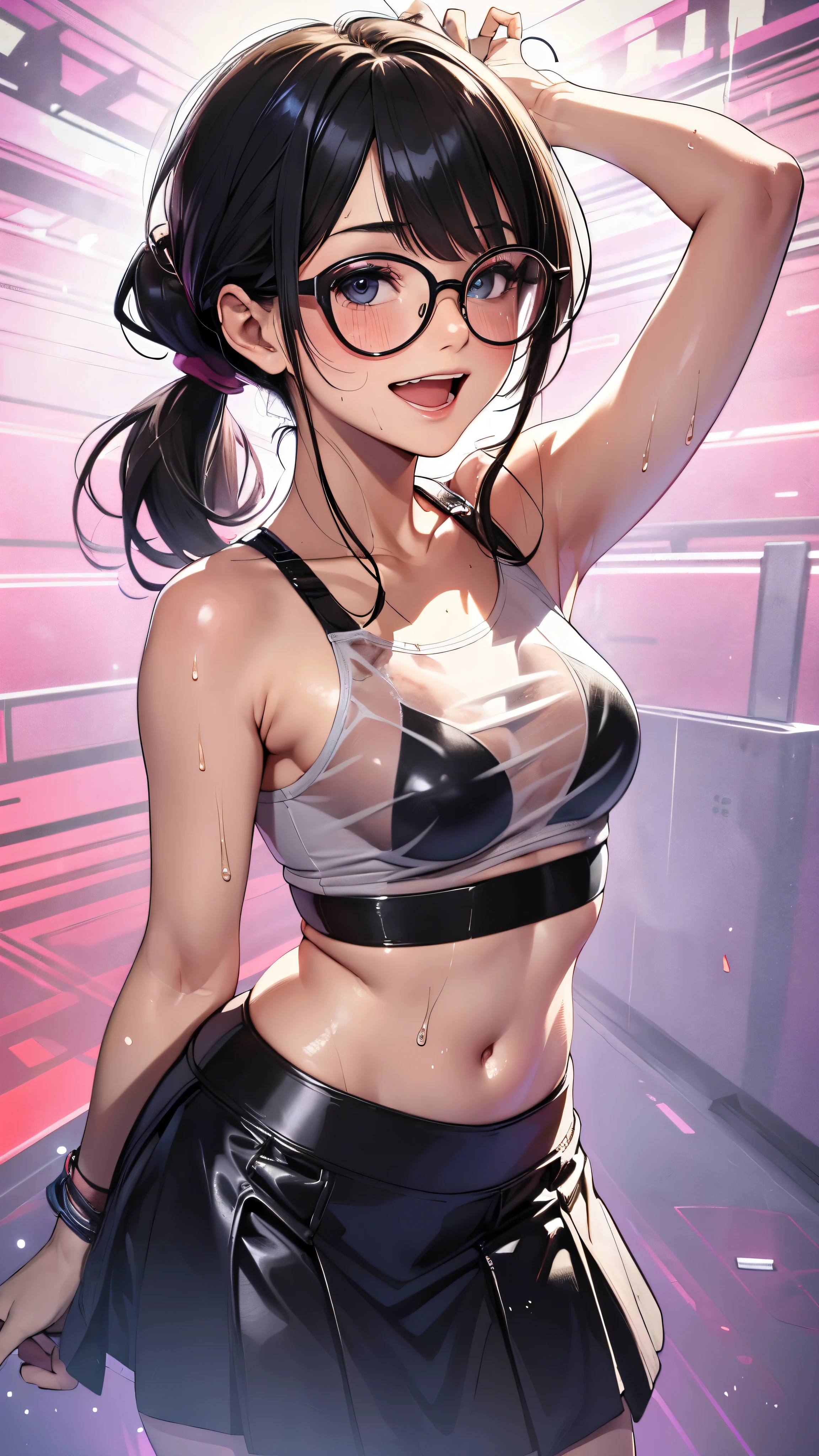 1 female,black hair,25 years old,(((blue shiny micro tight skirt)))((white tank top))(((blush、open mouth smile)),(((straight hair))),(((portrait))),crowd,,(wet with sweat)(sexy black bra and see-through tank top)(Glasses)(((small breasts)))((low ponytail))