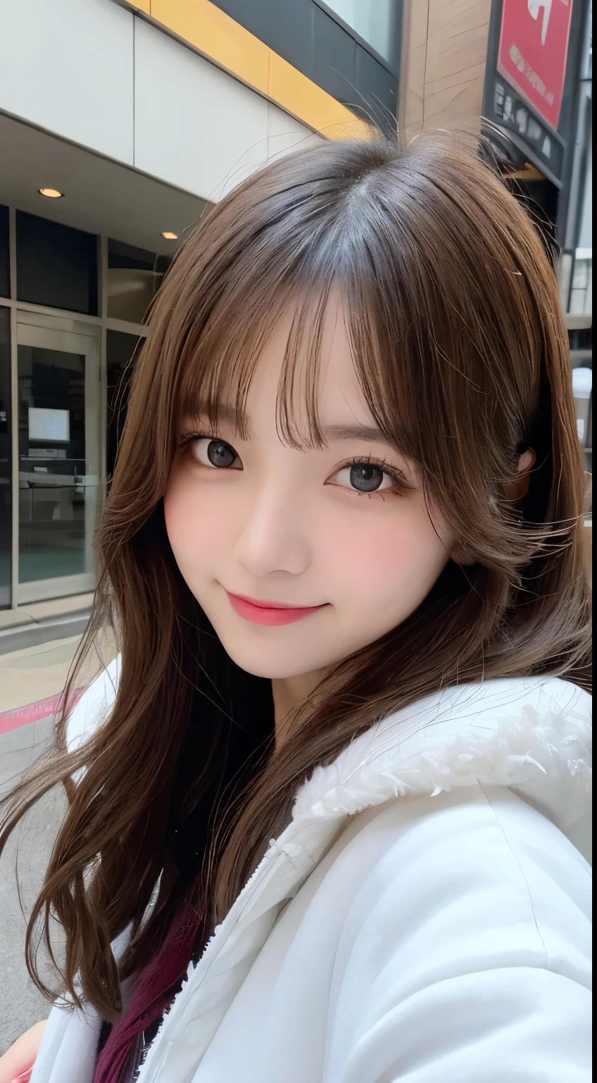 table top, highest quality, figure, super detailed, finely, High resolution, 8k wallpaper, 完璧なダイナミックな構figure, detailed and beautiful eyes, fluffy winter clothes,wavy hair,、natural color lip, bold sexy pose,smile,Harajuku、20 year old girl、cute、sexy shot looking at camera,Ultra-realistic raw photos