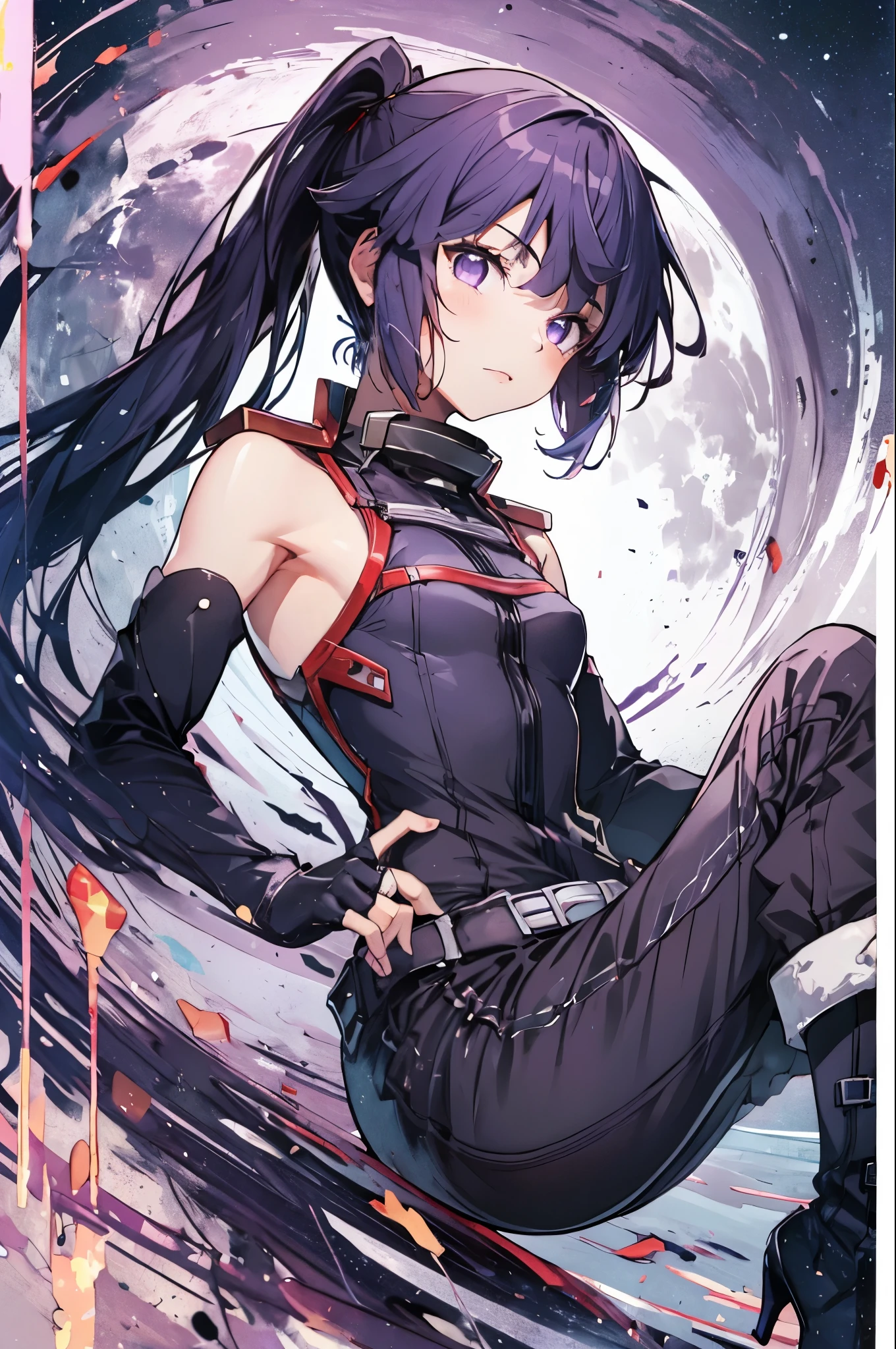 (masterpiece, best quality),  intricate details,
1girl,akatsuki_loghorizon,  purple hair, long hair, ponytail, purple eyes, flat chest,bare shoulders,elbow gloves,boots,pants,top-quality,Top image quality,perfect anatomy,masterpiece,ultra-detailliert,Beautiful、ultra-quality, best quality,high resolution, ultra-detailed,game cg,dutch angle ,beautiful detailed eyes, visualart,five fingers, perfect hands,japanese sword,acrobatic pose,(moon),midnight,cloud