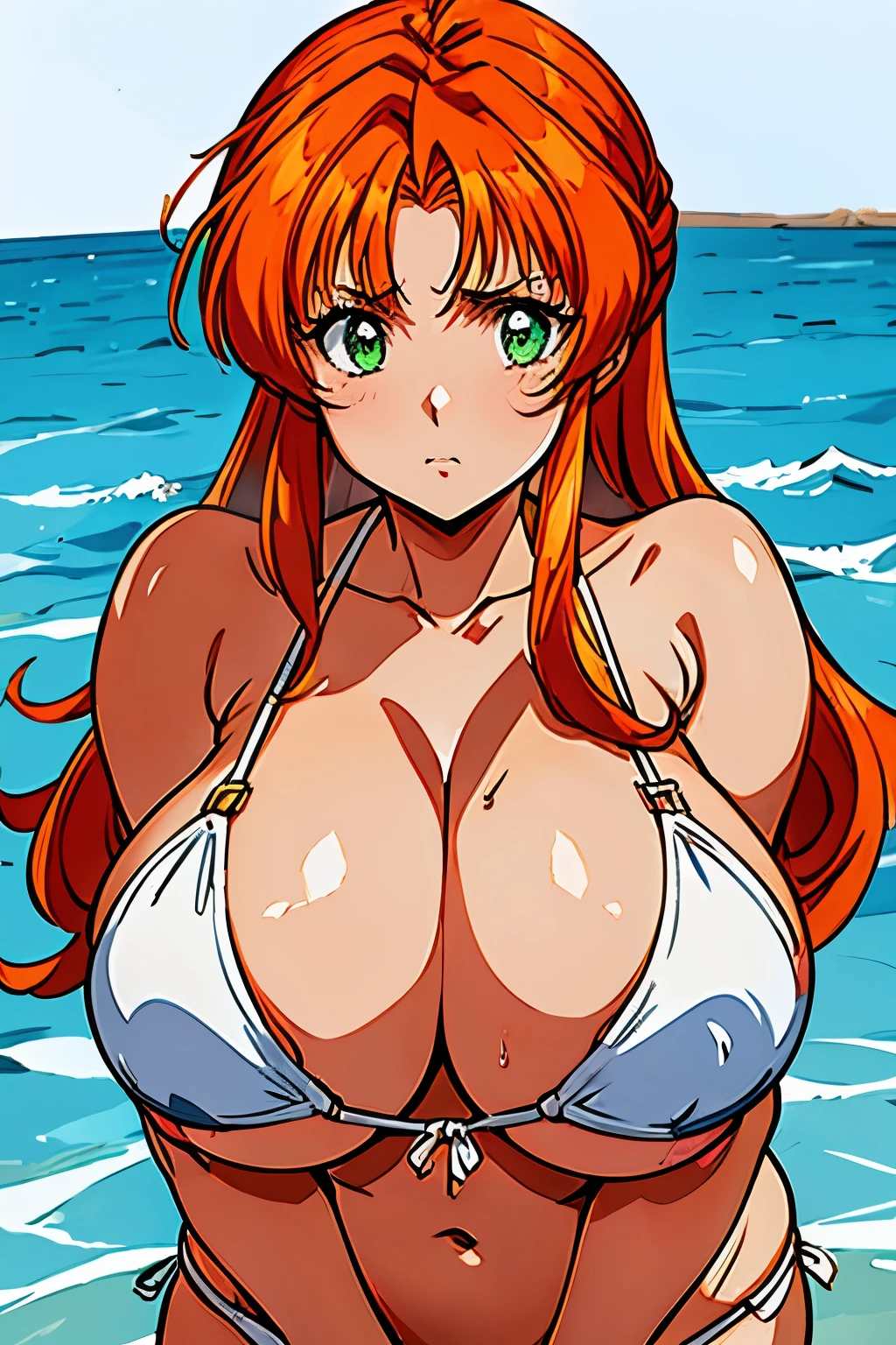 ((Anime cel drawing style)),fukawa_miku, green eyes, (orange hair, long hair, hair down:1.3),(bikini:1.2),(sea:1.3),(water,wet),(gigantic breasts),