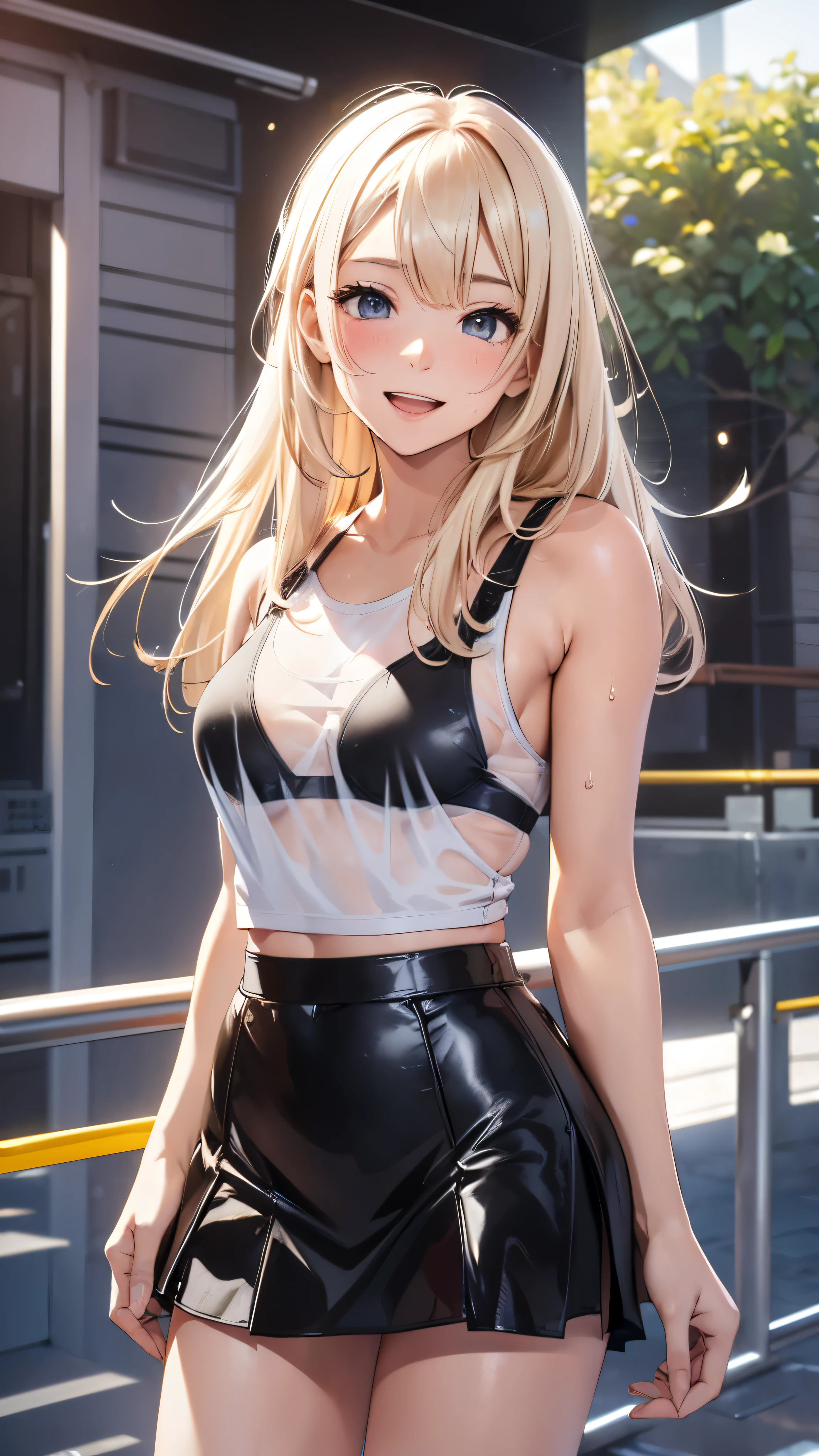 1 female,golden hair,25 years old,(((blue shiny micro tight skirt)))((white tank top))(((blush、open mouth smile)),(((straight hair))),(((portrait))),crowd,,(wet with sweat)(sexy black bra and see-through tank top)()(((small breasts)))