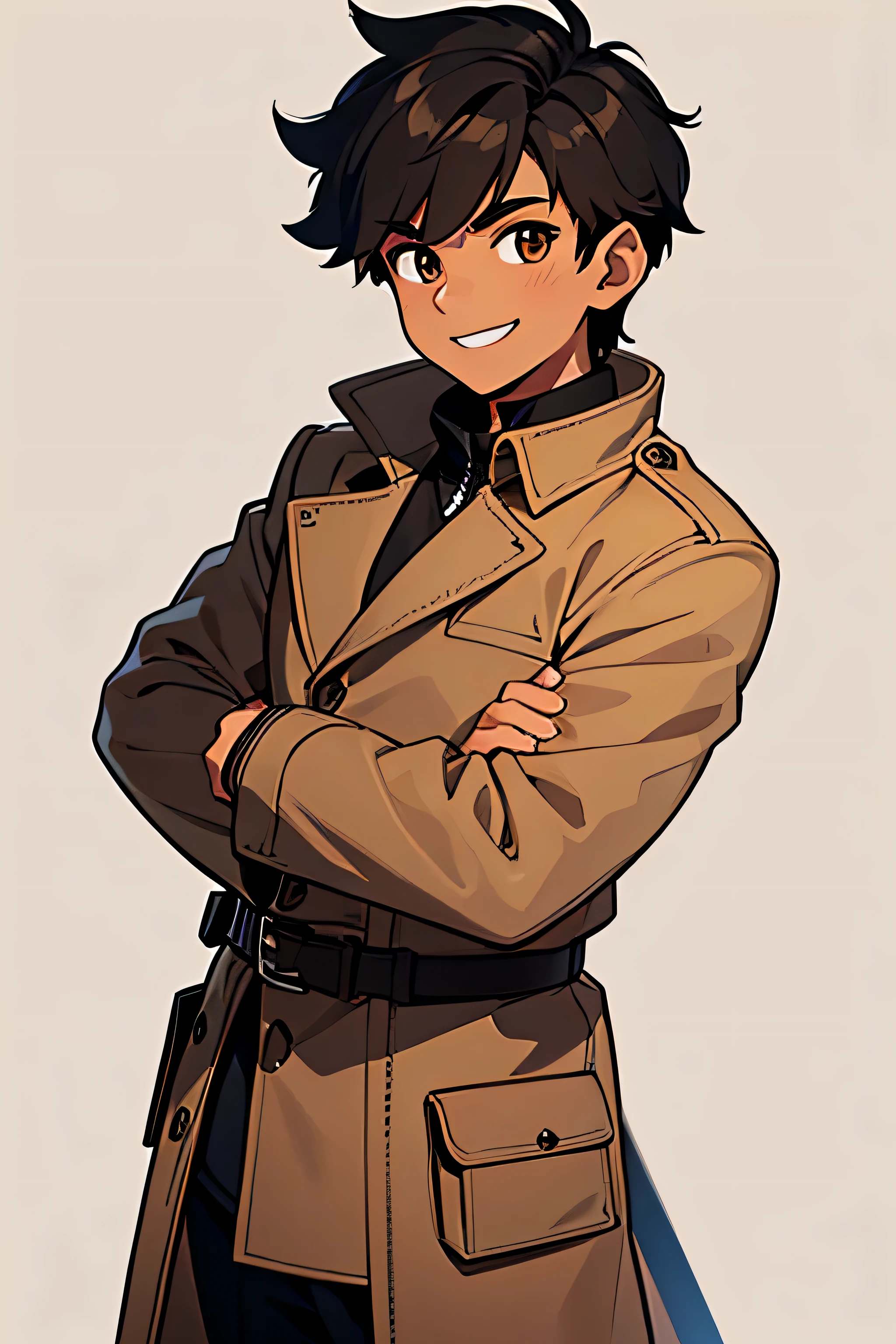 1 Junge, Sehr kurzes schwarzes Haar, braune Augen, braune Haut, wears a beige coat, smiling, White background, pixel art, detailliert, Game Boy, high resolution, ultrascharf, 8k, Meisterwerk, Blick auf den Betrachter