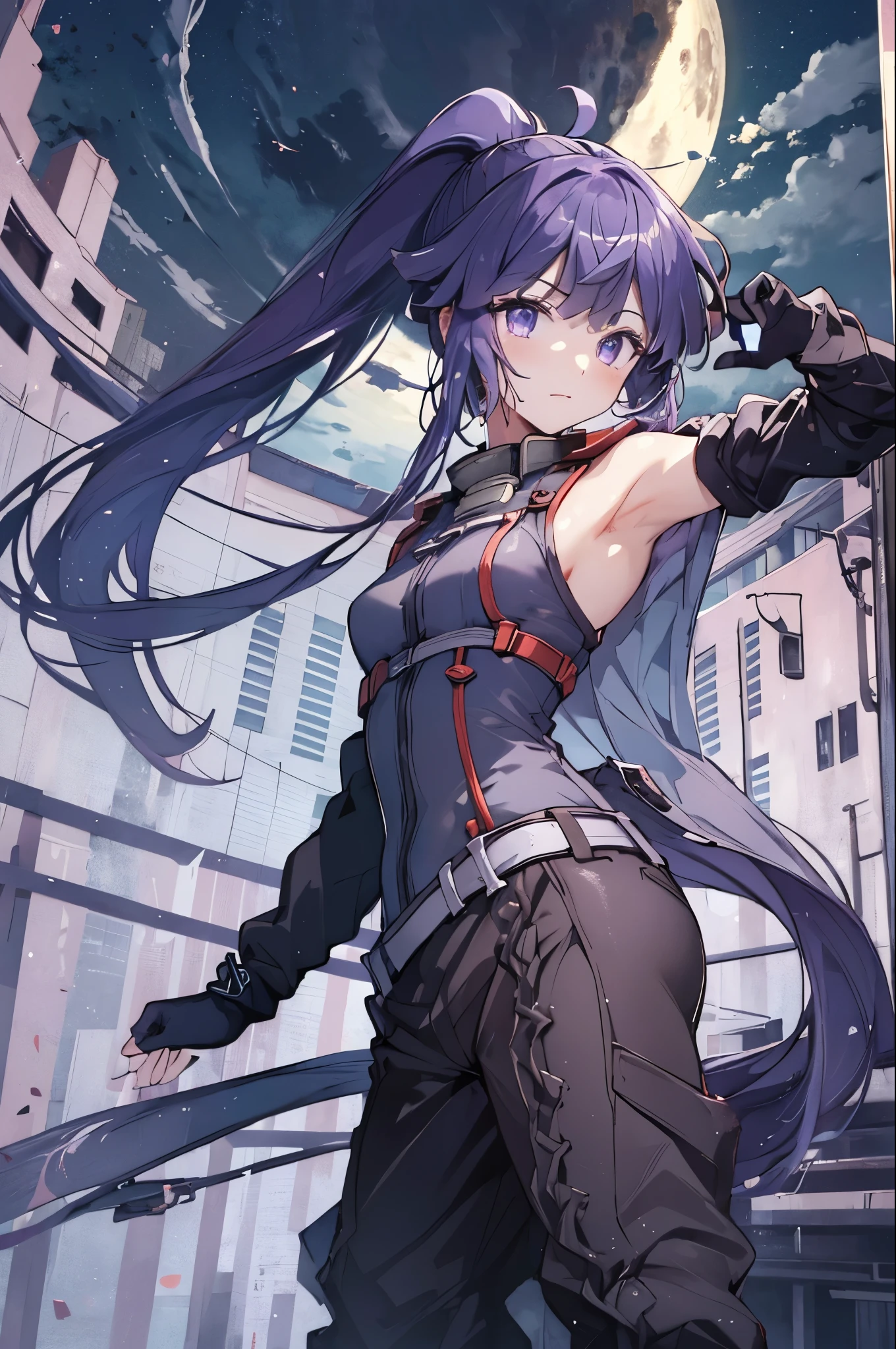 (masterpiece, best quality),  intricate details,
from below,1girl,akatsuki_loghorizon,  purple hair, long hair, ponytail, purple eyes, flat chest,bare shoulders,elbow gloves,boots,pants,top-quality,Top image quality,perfect anatomy,masterpiece,ultra-detailliert,Beautiful、ultra-quality, best quality,high resolution, ultra-detailed,game cg,dutch angle ,beautiful detailed eyes, visualart,five fingers, perfect hands,japanese sword,acrobatic pose,(moon),midnight,cloud