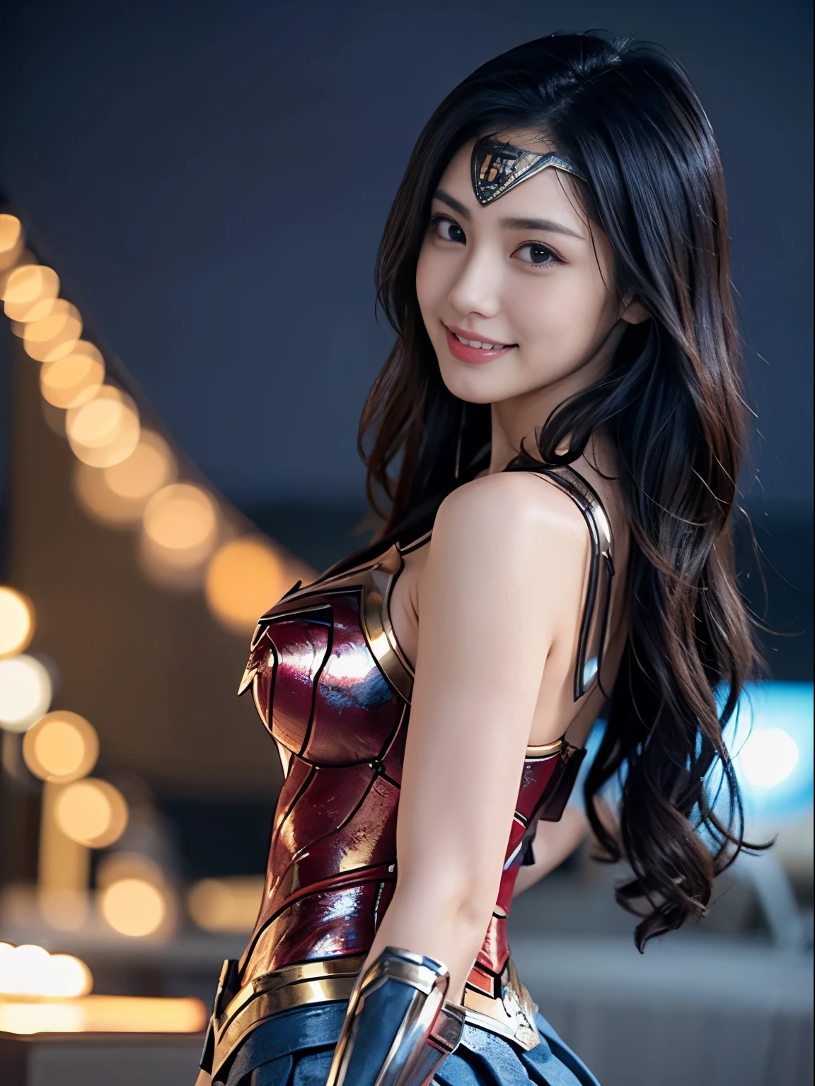 From the back,(cute face、Big eyeasterpiece)、super detailed、(highest quality:1.0)、( (NSFW))、 Smile,skirt、that woman is wonder woman、perfect wonder woman costume,Upper body,night view