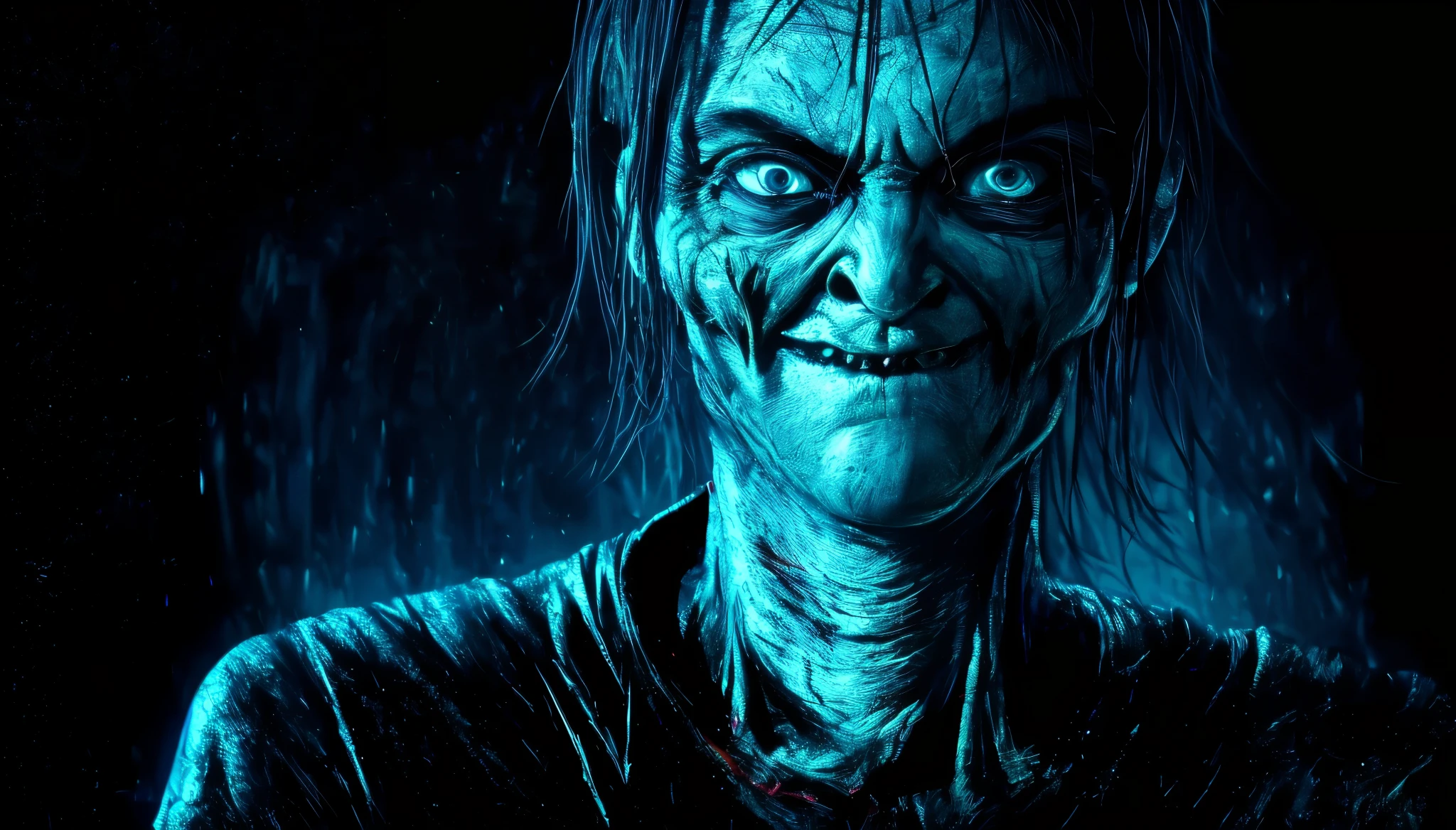 (Upper body、from the chest up、black background:1.5), disgusting horror images, unknown creature、evil smile and glowing eyes, 4K scary art, Best Jump Scare Scenes, Very scary, glowing eyes and mouth, black eyes shine, his eyes are black and shining, blue shining face, completely black eyes、No pupil、There's no blood
