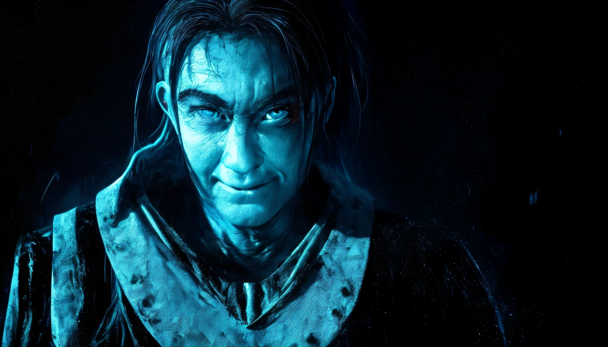 (Upper body、from the chest up、black background:1.5), disgusting horror images, unknown creature、evil smile and glowing eyes, 4K scary art, Best Jump Scare Scenes, Very scary, glowing eyes and mouth, black eyes shine, his eyes are black and shining, blue shining face, completely black eyes、No pupil、There's no blood