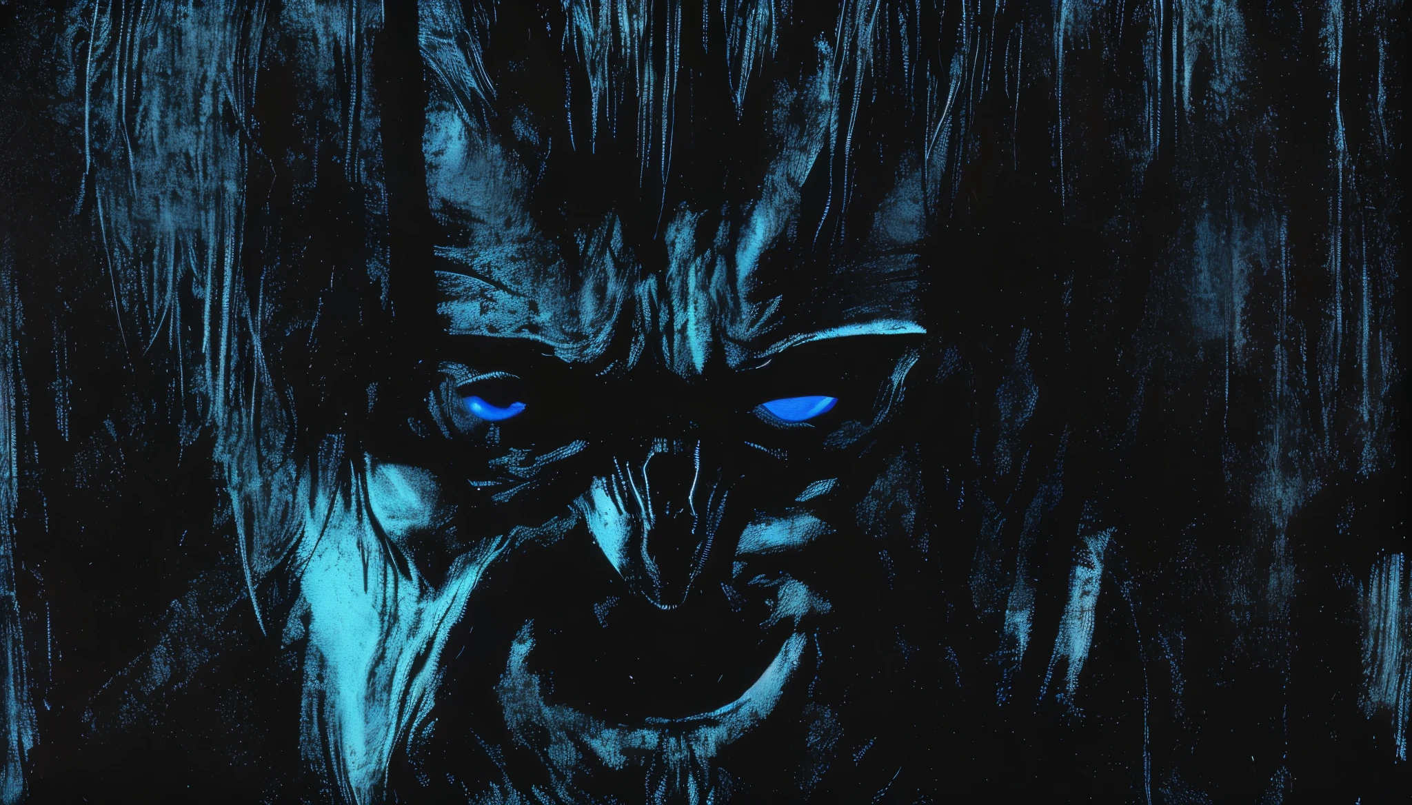 (Upper body、from the chest up、black background:1.5), disgusting horror images, unknown creature、evil smile and glowing eyes, 4K scary art, Best Jump Scare Scenes, Very scary, glowing eyes and mouth, black eyes shine, his eyes are black and shining, blue shining face, completely black eyes、No pupil、There&#39;s no blood