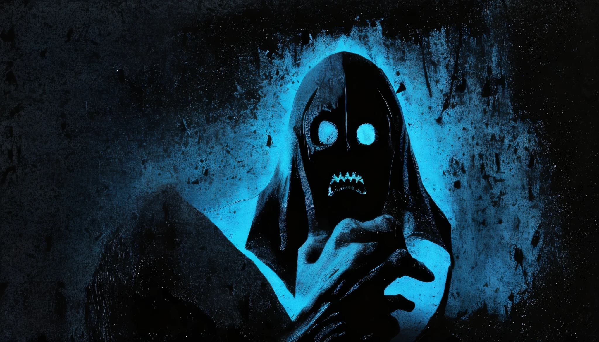(Upper body、from the chest up、black background:1.5), disgusting horror images, unknown creature、evil smile and glowing eyes, 4K scary art, Best Jump Scare Scenes, Very scary, glowing eyes and mouth, black eyes shine, his eyes are black and shining, blue shining face, completely black eyes、No pupil、There's no blood