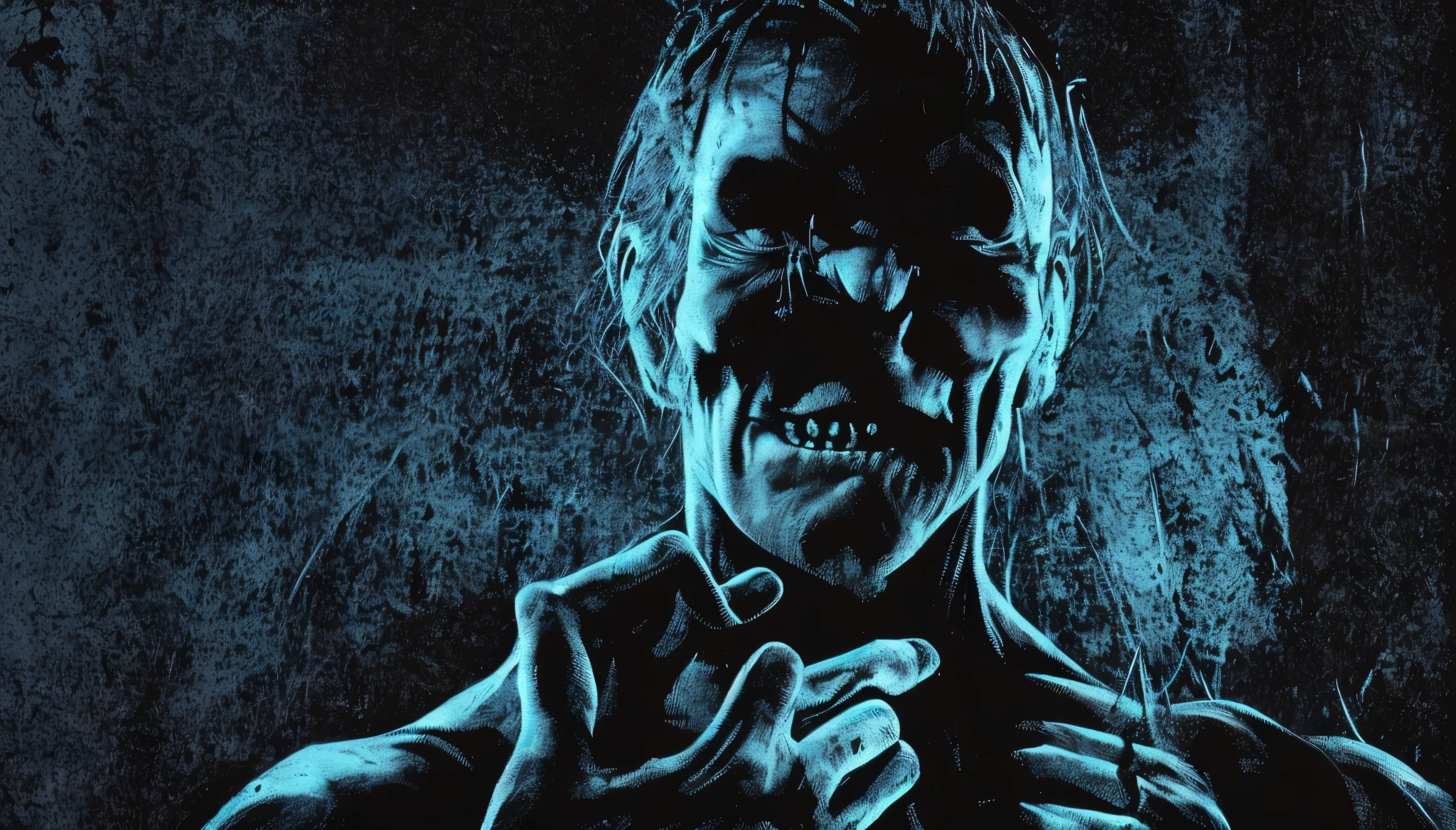 (Upper body、from the chest up、black background:1.5), disgusting horror images, unknown creature、evil smile and glowing eyes, 4K scary art, Best Jump Scare Scenes, Very scary, glowing eyes and mouth, black eyes shine, his eyes are black and shining, blue shining face, completely black eyes、No pupil、There&#39;s no blood