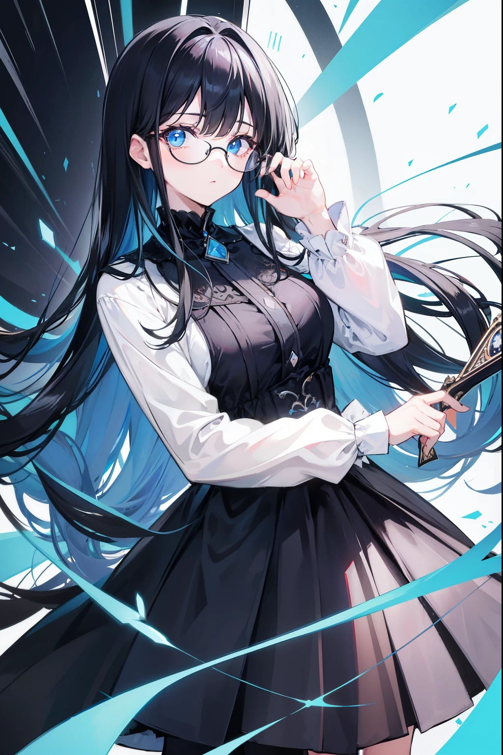 black hair and glasses,powder blue eyes,black and white color clothes,Background woven by vermilion threads,She is a very cunning royal sister goddess