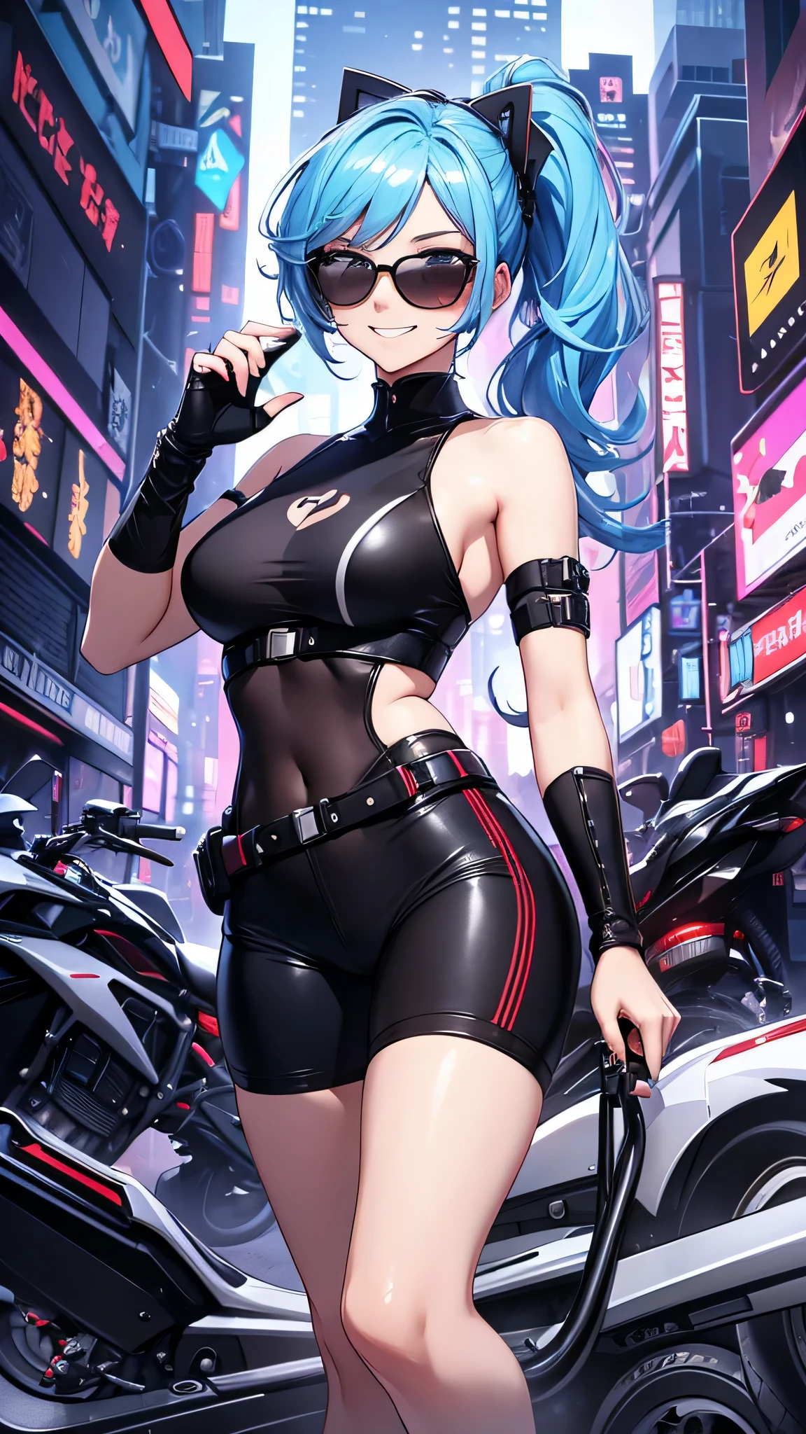 最high quality、best image quality、masterpiece、girl((20-year-old、 By becoming、vest bust、medium bust,wide open breast tea、shining eyes, light blue hair、long hair、thin,highest valley、ponytail、action of looking up、right arm bandage、Black shirt with wide open chest、berry shorts、cool pose、holding a black smartphone、Cyber Sunglasses、ride a cool bike、grin and laugh)),high quality、beautiful art、background((cyberpunk city、punk house))、Flight、debris flies、Depth of written boundary、movie、visual art、perfect art、8k,genuine、