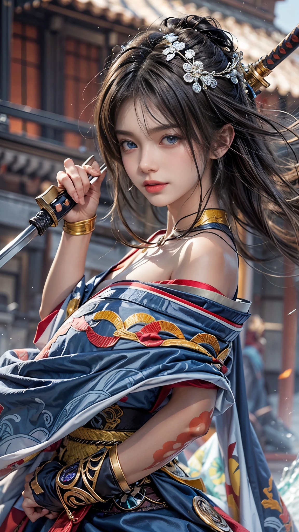 (RAW shooting, Photoreal:1.5, 8k, highest quality, masterpiece, ultra high resolution), Sengoku, perfect dynamic composition:1.2, Mysterious:1.3, Highly detailed skin and facial textures:1.3, Slim female samurai wielding a samurai sword:1.1, beautiful and aesthetic:1.2, cute and sexy beauty, perfect style, wear elaborate rings, fire, water, Wind, thunder, ice, Fair skin, very beautiful face, (Medium chest, Chest gap), (embarrassing smile, The expression on your face when you feel intense caress, Facial expression when feeling pleasure), (セクシーなSengoku制服を着よう:1.1, off shoulder), (beautiful blue eyes, Eyes that feel beautiful eros:0.8), (Too erotic:0.9, Bewitching:0.9), full body shot, Japanese castle in the background