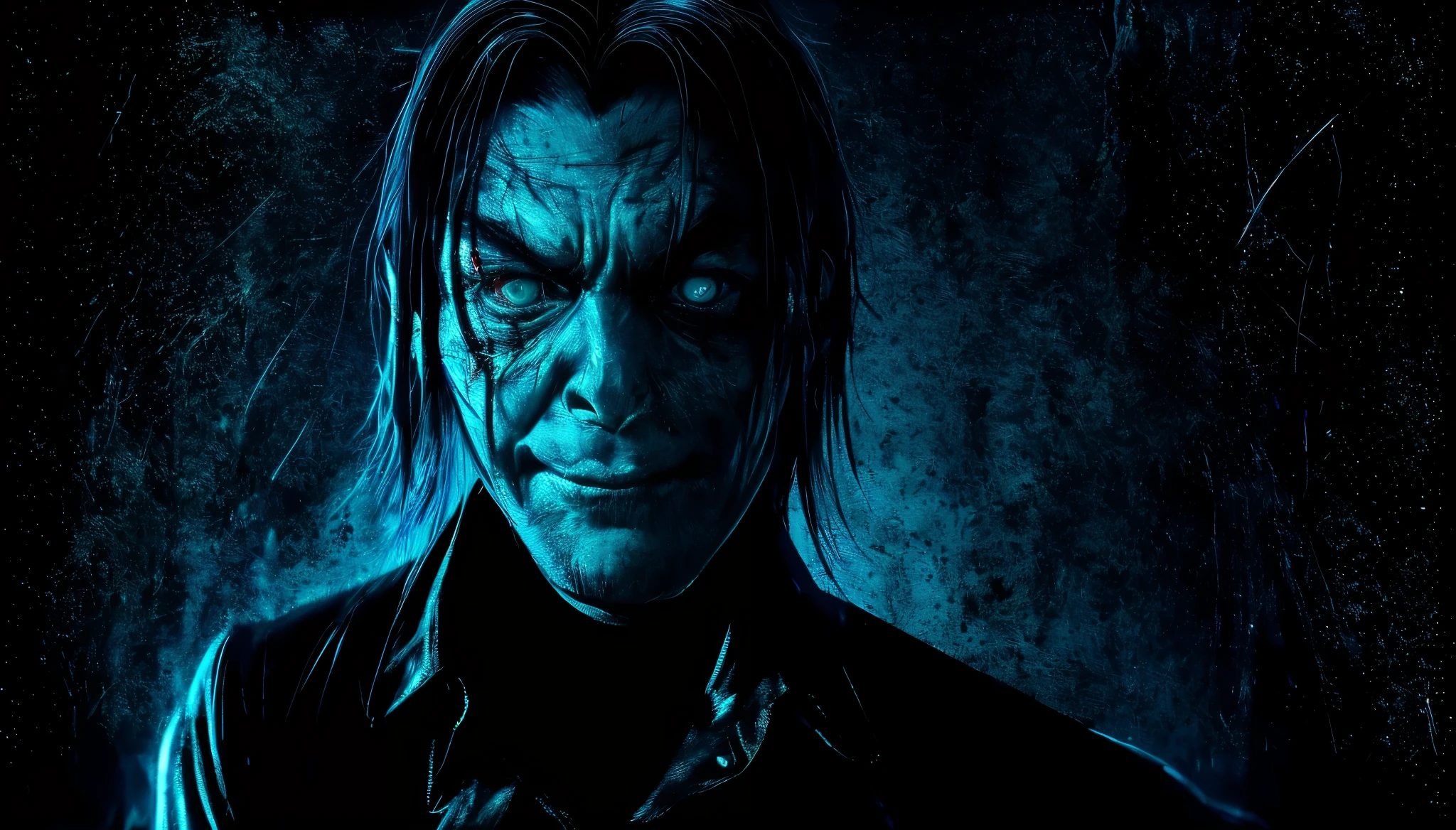 (Upper body、from the chest up、black background:1.5), disgusting horror images, unknown creature、evil smile and glowing eyes, 4K scary art, Best Jump Scare Scenes, Very scary, glowing eyes and mouth, black eyes shine, his eyes are black and shining, blue shining face, completely black eyes、No pupil、There's no blood