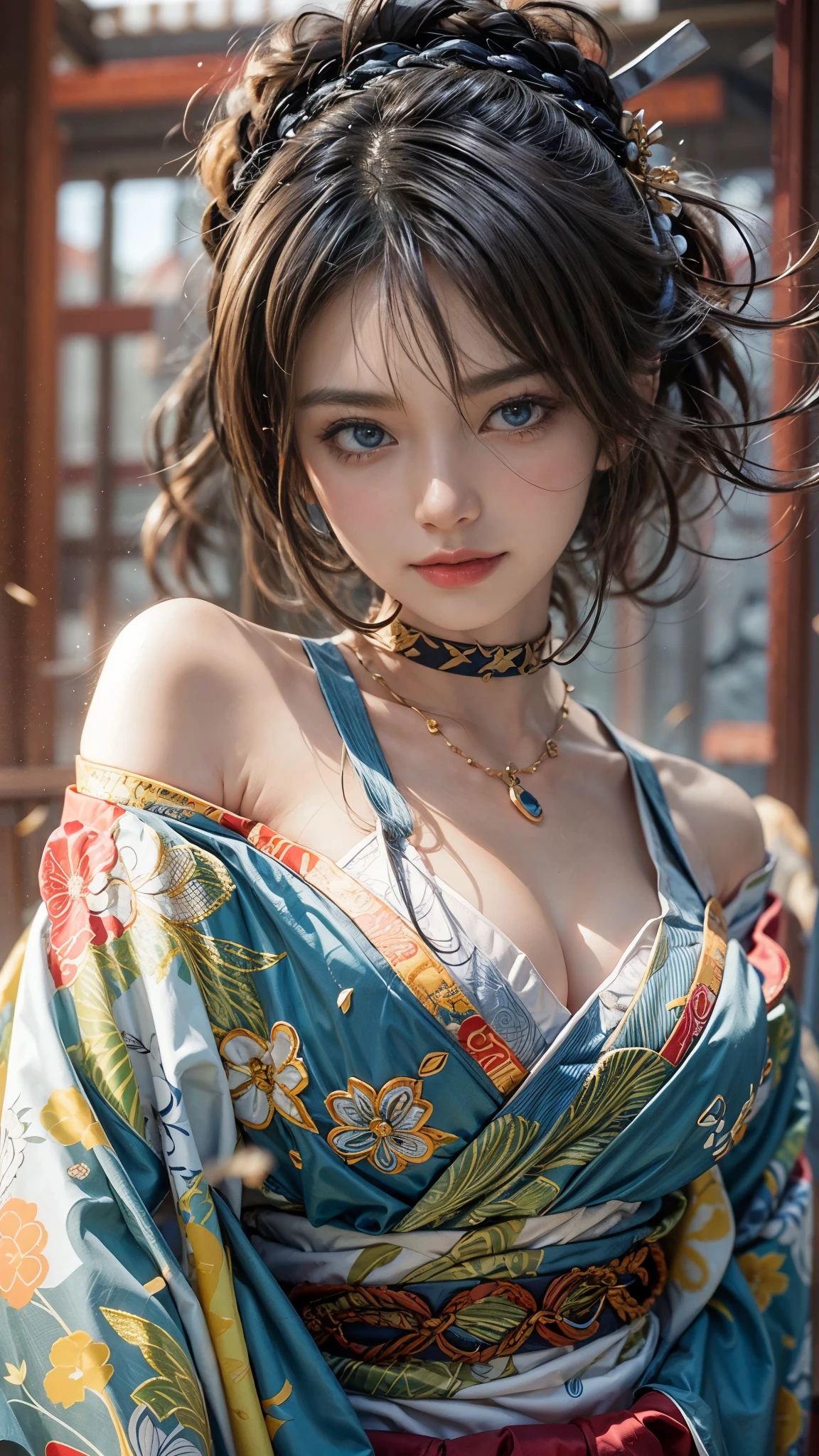 (RAW shooting, Photoreal:1.5, 8k, highest quality, masterpiece, ultra high resolution), Sengoku, perfect dynamic composition:1.2, Mysterious:1.3, Highly detailed skin and facial textures:1.3, Slim female samurai in a jodan stance with a samurai sword:1.1, beautiful and aesthetic:1.2, cute and sexy beauty, perfect style, wear elaborate rings, fire, water, Wind, thunder, ice, Fair skin, very beautiful face, (Medium chest, Chest gap), (embarrassing smile, The expression on your face when you feel intense caress, Facial expression when feeling pleasure), (セクシーなSengoku制服を着よう:1.1, off shoulder), (beautiful blue eyes, Eyes that feel beautiful eros:0.8), (Too erotic:0.9, Bewitching:0.9), full body shot, Japanese castle in the background