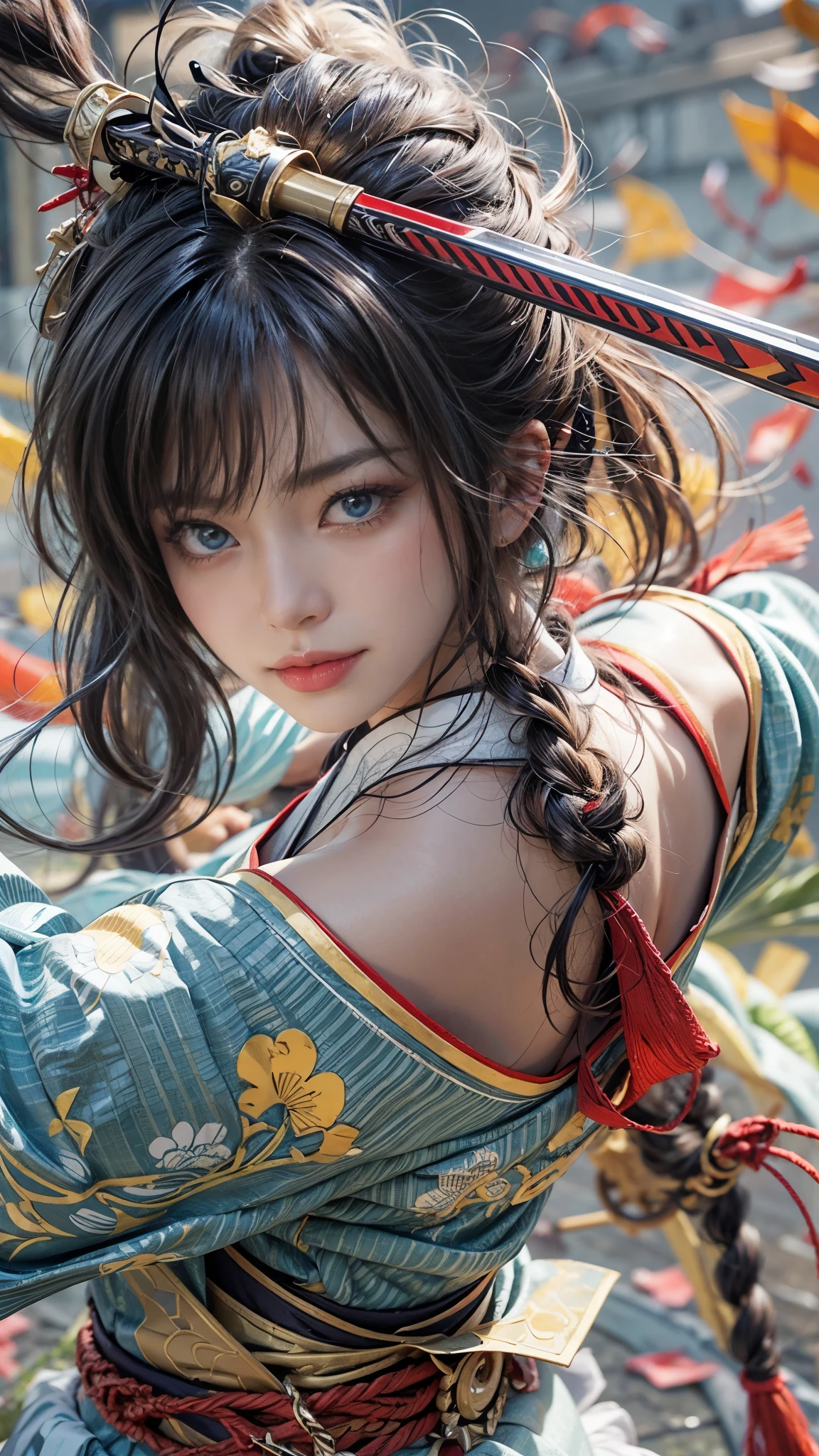 (RAW shooting, Photoreal:1.5, 8k, highest quality, masterpiece, ultra high resolution), Sengoku, perfect dynamic composition:1.2, Mysterious:1.3, Highly detailed skin and facial textures:1.3, Slim female samurai in a jodan stance with a samurai sword:1.1, beautiful and aesthetic:1.2, cute and sexy beauty, perfect style, wear elaborate rings, fire, water, Wind, thunder, ice, Fair skin, very beautiful face, (Medium chest, Chest gap), (embarrassing smile, The expression on your face when you feel intense caress, Facial expression when feeling pleasure), (セクシーなSengoku制服を着よう:1.1, off shoulder), (beautiful blue eyes, Eyes that feel beautiful eros:0.8), (Too erotic:0.9, Bewitching:0.9), full body shot, Japanese castle in the background