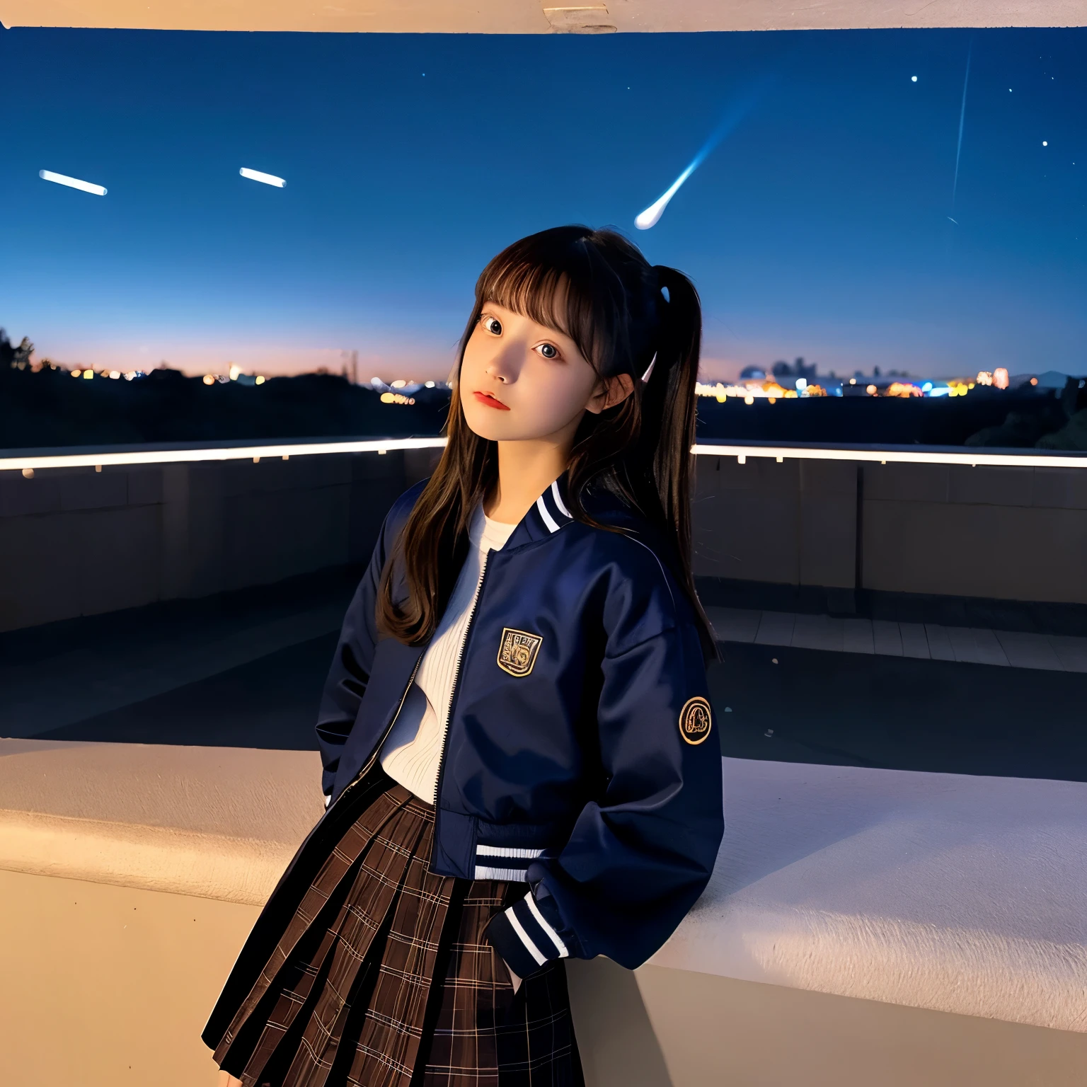 A young adult woman wearing a jacket skirt and staring at the night sky in the background.