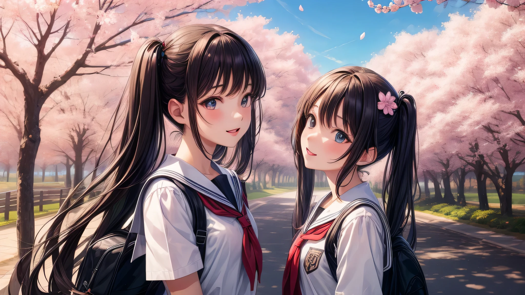 (2 girls:1.2), cute face, shining smile, twin tails, (school uniform, mini skirt:1.2), (highest quality: 1.4), (Super detailed), (highest quality:1.4), (super detailed), (cherry blossomsのトンネル in full bloom, cherry blossomsのトンネル), road, Day光, cherry blossoms, cherry blossoms, Sunny, cloud, Day, blue sky, (anime illustration), very high resolution, (Upper body), close up face