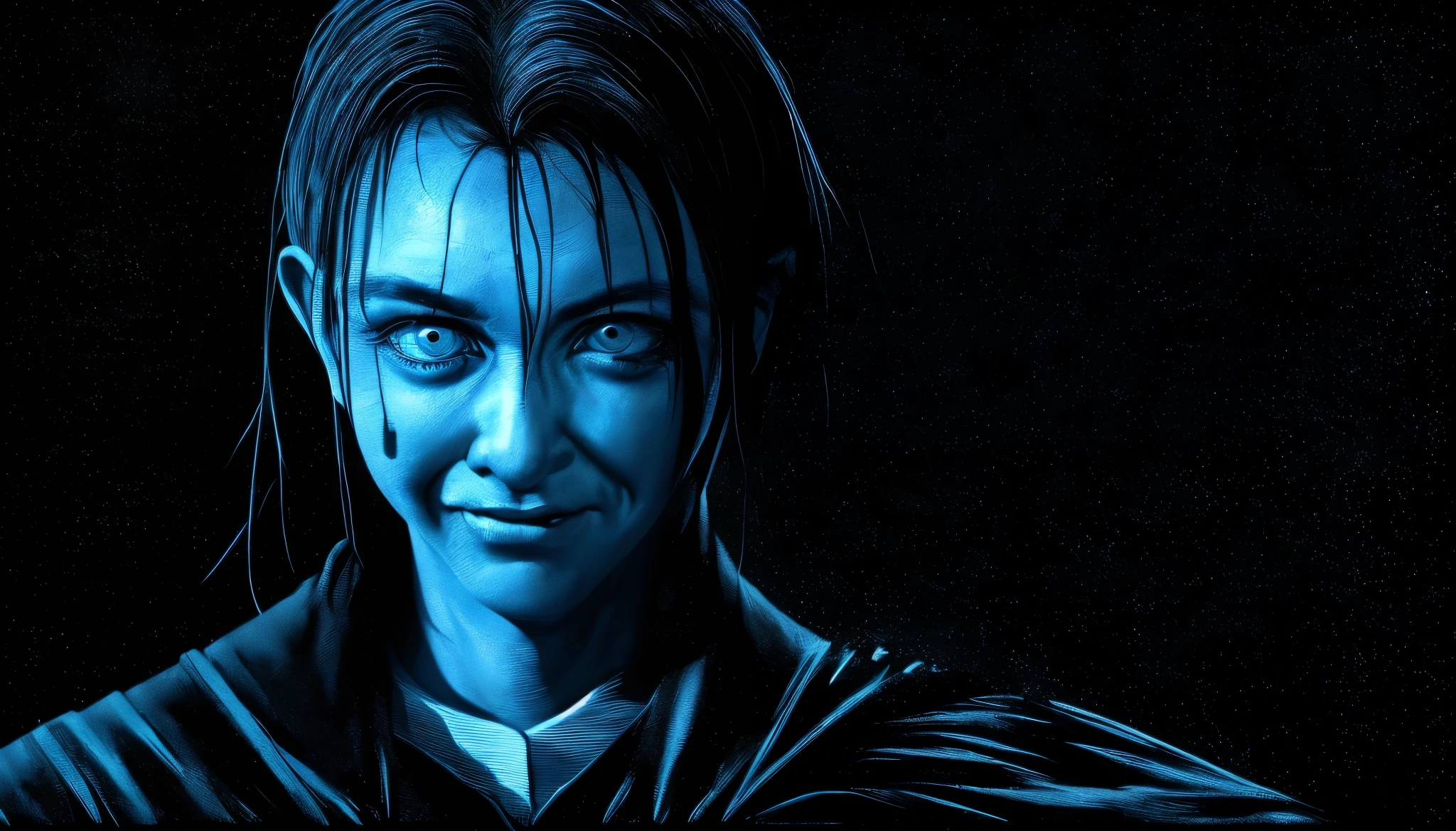 (Upper body、from the chest up、black background:1.5), disgusting horror images, unknown creature、evil smile and glowing eyes, 4K scary art, Best Jump Scare Scenes, Very scary, glowing eyes and mouth, black eyes shine, his eyes are black and shining, blue shining face, completely black eyes、No pupil、There&#39;s no blood