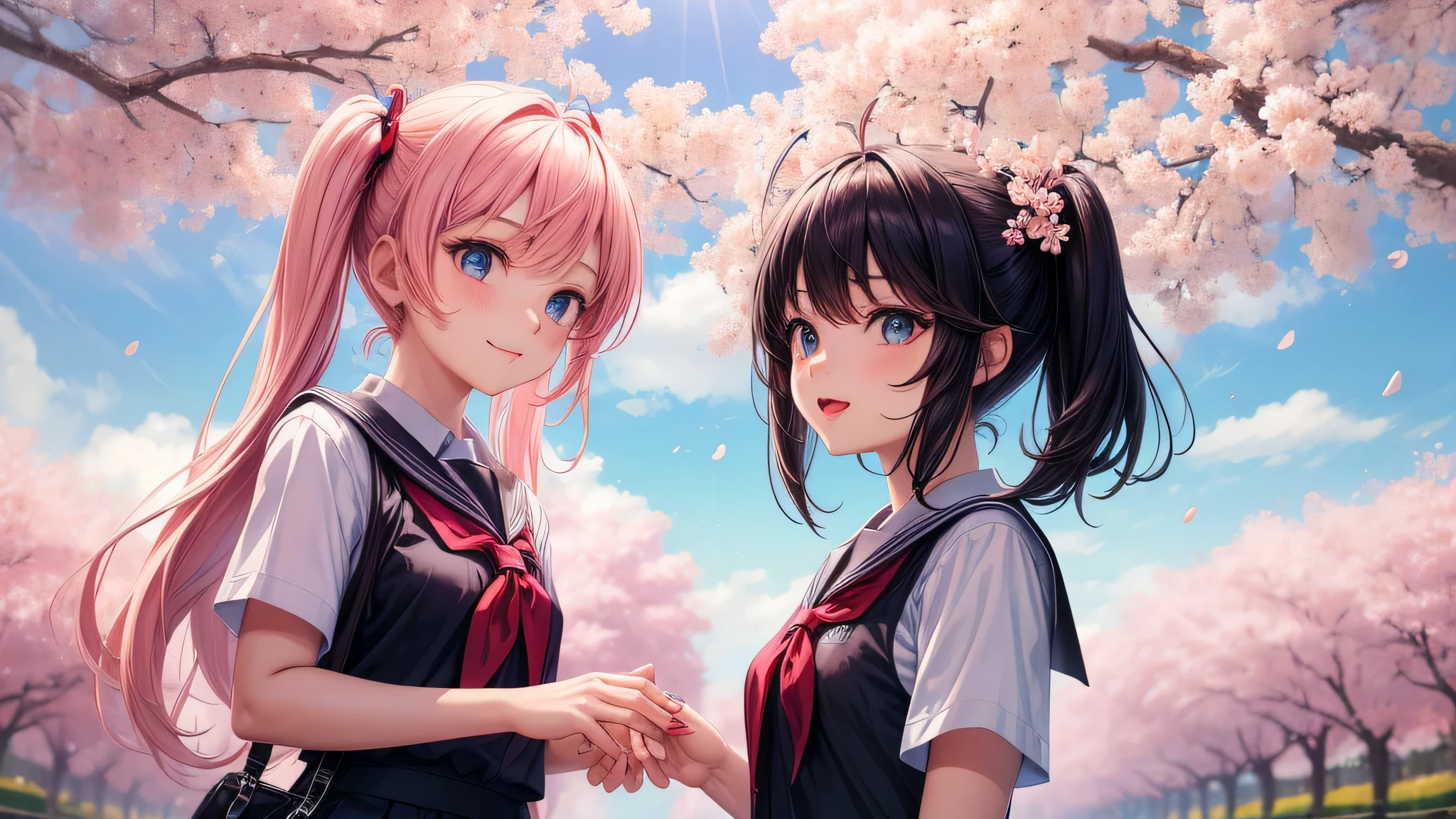 (2 girls:1.2), cute face, shining smile, twin tails, (school uniform, mini skirt:1.2), (highest quality: 1.4), (Super detailed), (highest quality:1.4), (super detailed), (cherry blossomsのトンネル in full bloom, cherry blossomsのトンネル), road, Day光, cherry blossoms, cherry blossoms, Sunny, cloud, Day, blue sky, (anime illustration), very high resolution, (Upper body), close up face