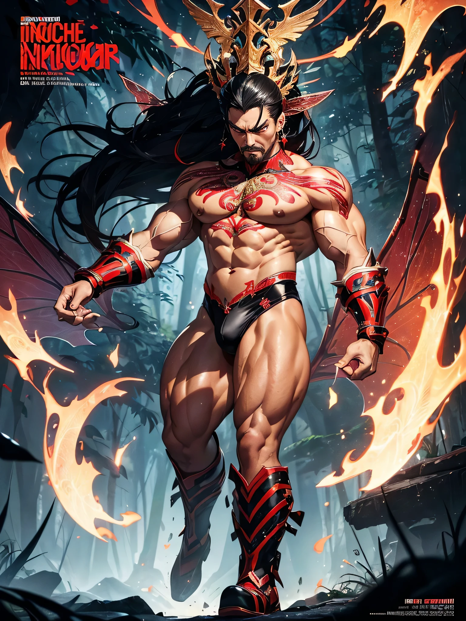 (((intricate design))) (((Top quality))) (((16K))) (((High Definition))) 16K splash art, high-res, ultra sharp, ((masterpiece)), the best quality, expressive eyes, perfect face, Super eyes, perfectly detailed anatomy, (((ripped pecs))) (((Volumetric lighting))) (((natural light))) (((dark shadows))) (((fluorescent lights))) (((1male))) (((muscular))) (((bodybuilder))) (((broad shoulders))) large bulge (((Asian Man))) (((red shimmering fairy wingagazine cover))) powerful warrior, Black straight long hair, red eyes, in the rainforest, glitter, sparkles, fire, flying, fairy magic, flying, glossy skin, coloured tattoos, earrings, royalty, shimmer, delicate, beautiful, red shimmering translucent suit, black boots, jewellery, scary, intimating, angry, enraged, moustache, metallic,