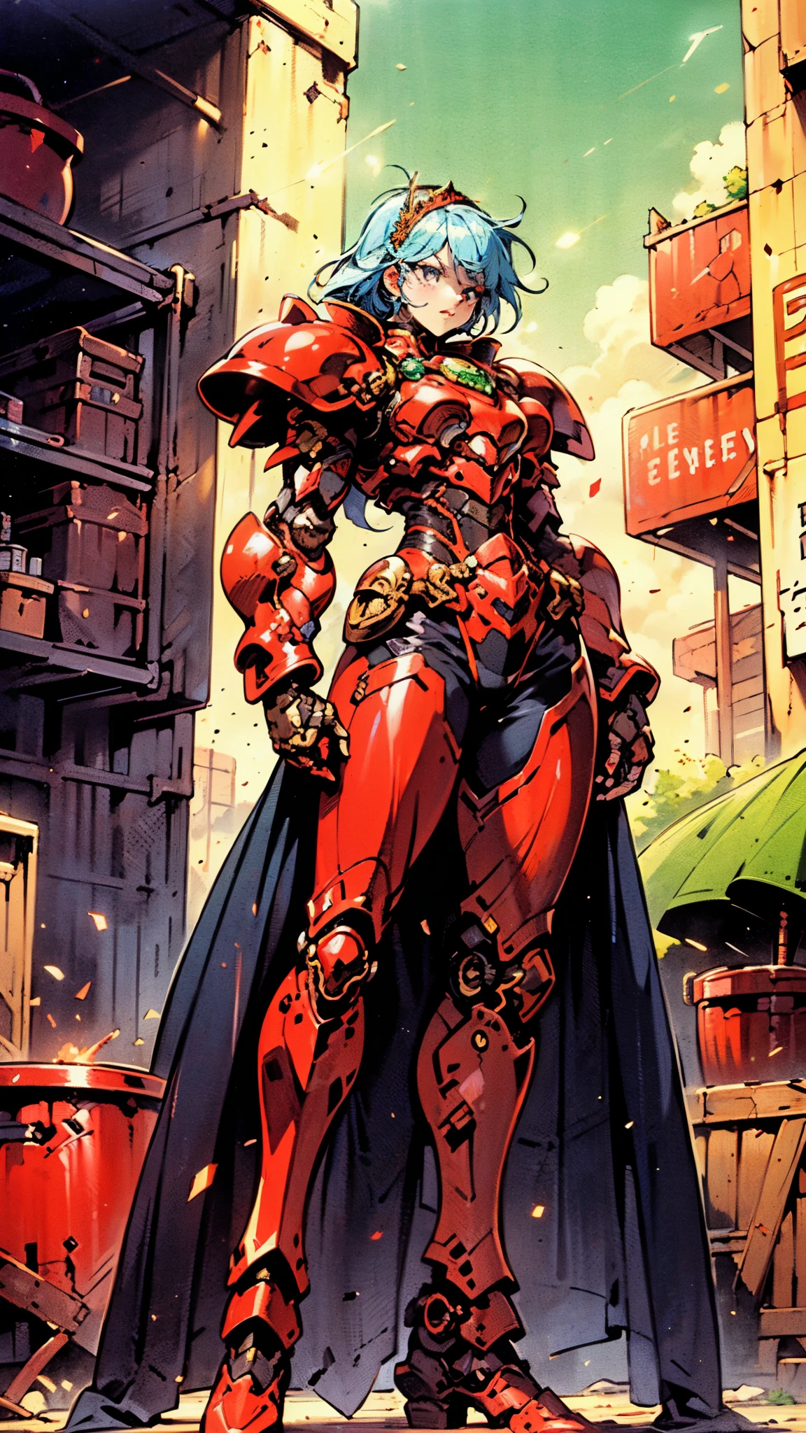 A woman adorned in fantasy-style full-body armor, a crown-concept fully enclosed helmet that unveils only her eyes, a composite layered chest plate, fully encompassing shoulder and hand guards, a lightweight waist armor, form-fitting shin guards, the overall design is heavy-duty yet flexible, ((the armor gleams with a golden glow, complemented by red and blue accents)), exhibiting a noble aura, she floats above a fantasy-surreal high-tech city, this character embodies a finely crafted fantasy-surreal style armored hero in anime style, exquisite and mature manga art style, (Queen bee mixed with Spider concept Armor, plasma, blood), ((Element, energy, elegant, goddess, femminine:1.5)), metallic, high definition, best quality, highres, ultra-detailed, ultra-fine painting, extremely delicate, professional, anatomically correct, symmetrical face, extremely detailed eyes and face, high quality eyes, creativity, RAW photo, UHD, 32k, Natural light, cinematic lighting, masterpiece-anatomy-perfect, masterpiece:1.5