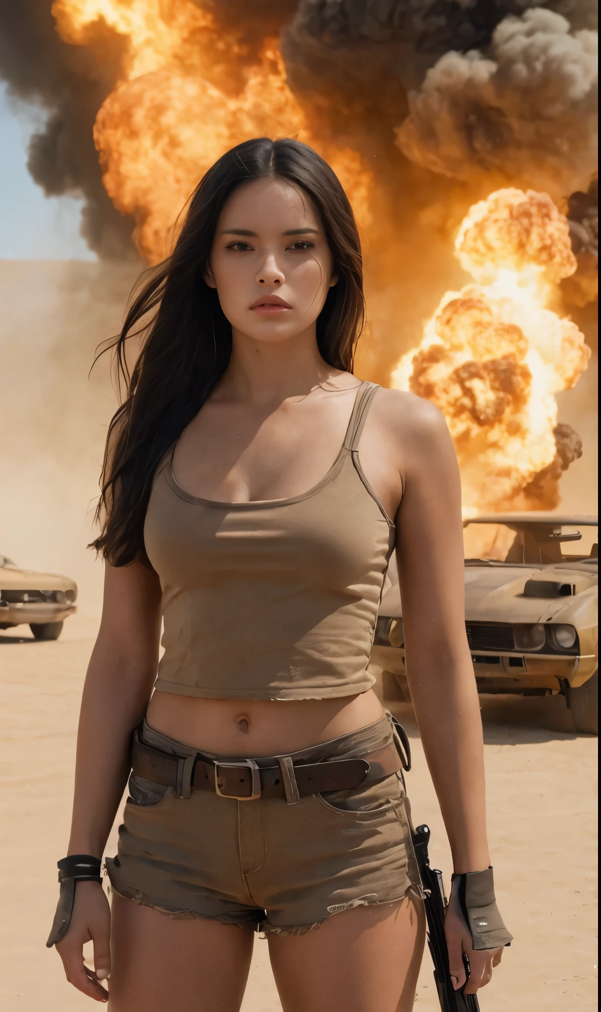 16K, Masterpiece, photorealism, Girl 25 years old, woman of a slender figure, a girl with dark long hair, she stands in a confident pose, sandy color palette, cinematic poster, in the background there is an epic explosion, puffs of smoke, mad max