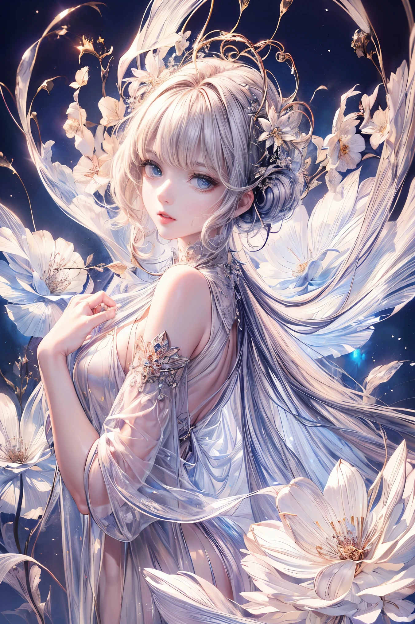 (best quality, 8k, CG, beautiful and detailed whole body, Lonely, girl, transparent coat dress, flower background, complex facial features, length, floating hair, almond eye, exquisite eye makeup, length eyelashes fluttering, blink big eyes, starry sky, delicate lip details, soft and harmonious style)、cute、sexy