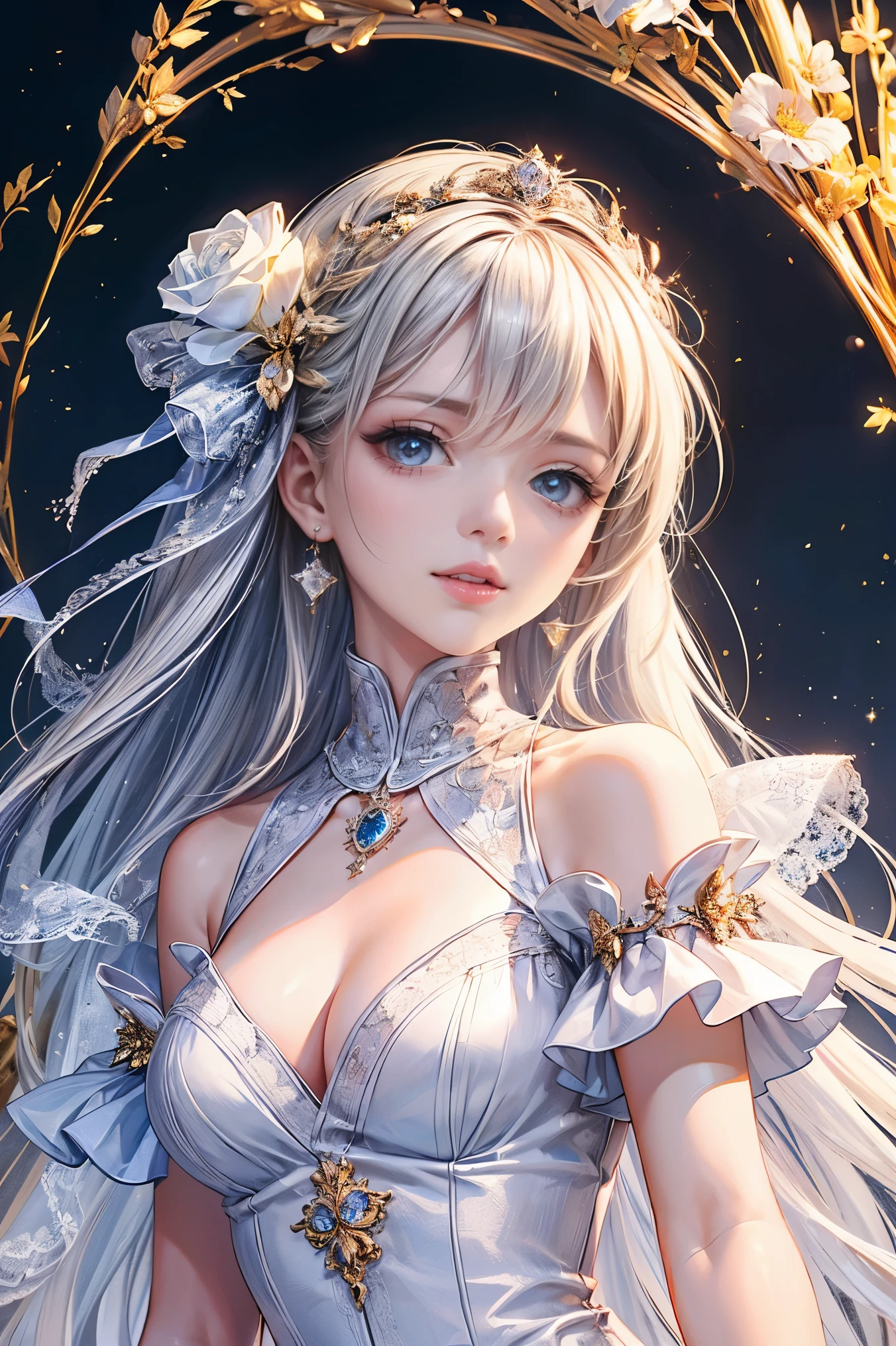 (best quality, 8k, CG, beautiful and detailed whole body, Lonely, girl, transparent coat dress, flower background, complex facial features, length, floating hair, almond eye, exquisite eye makeup, length eyelashes fluttering, blink big eyes, starry sky, delicate lip details, soft and harmonious style)、cute、sexy