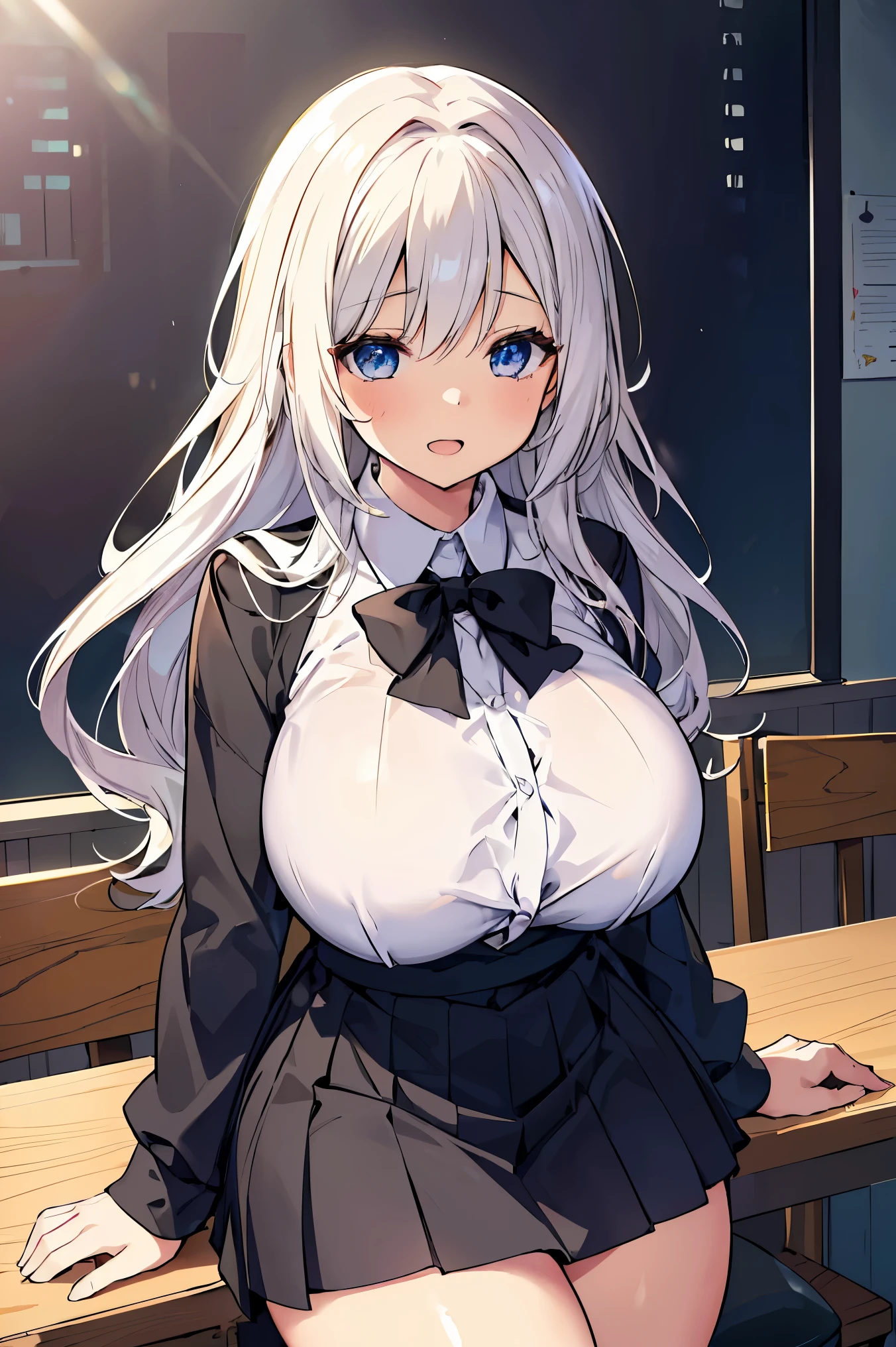 ((table top)), ((highest quality)), ((anime profile style)), ((HD 4K |)), ((female character)), ((high school girl)), (( beautiful body)) , girl, woman&#39;s face, Happy, smile, open your mouth, , well-groomed lips, ((tanned skin)), brown blue eyes)), eyelid, students, sclera, iris, eyebrow , eyelash, ear, nose,unbuttoned blouse, ((With long silver hair)), ((hairlight effect)), long sleeve shirt, On top of the blouse, school black jacket, long skirt, tights, shoe school, ((The effect of light on clothing)), ((Effect of light on the body)), head, shoulder, (thin waist), ((perfect stomach)), missile, ((thick legs)), ((Thigh large)), back story, ((at school)), Environment details, surrounding objects, ((lit)), big and full breasts,Big breasts that can be seen even from the top of the clothes