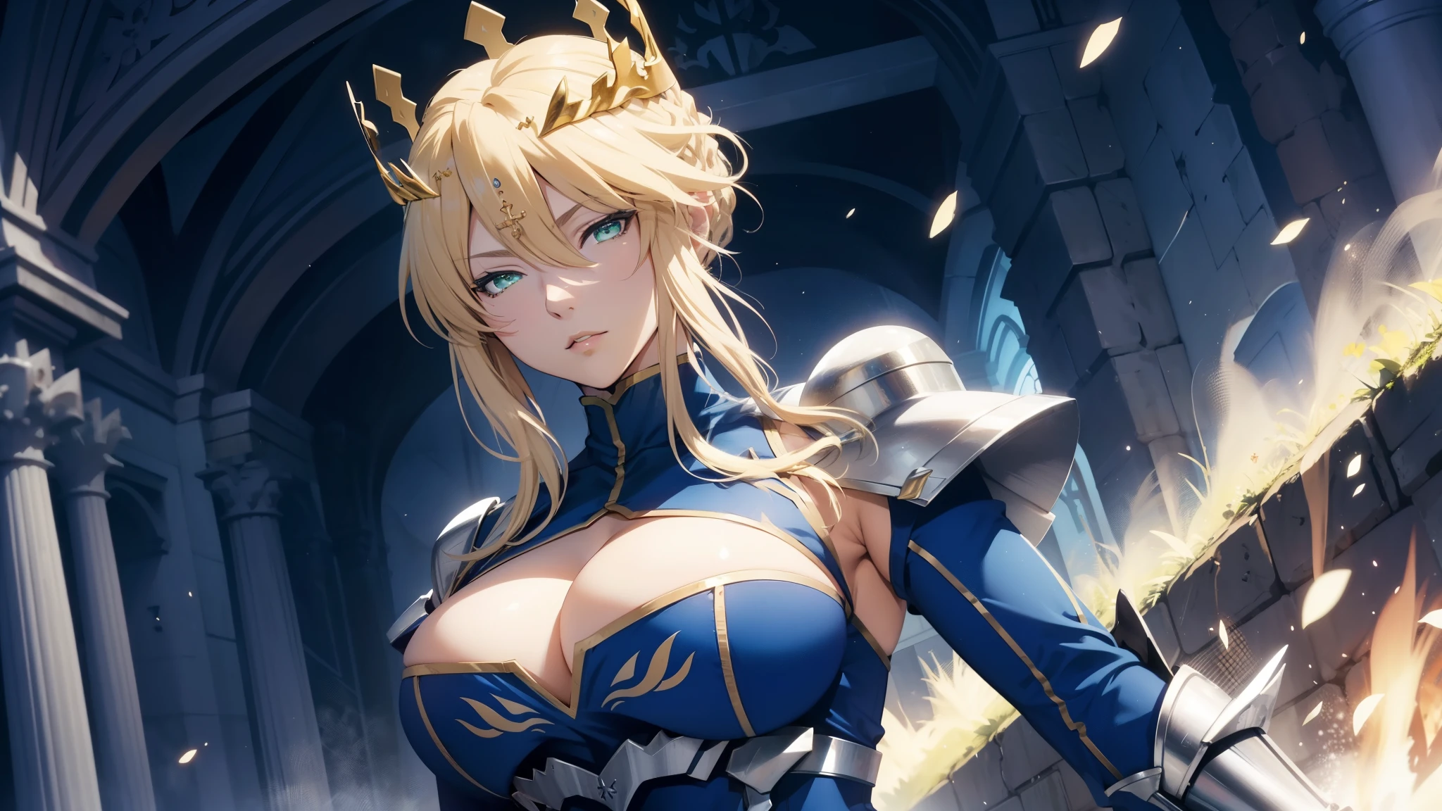 (best quality, highres), Artoria pendragon lancer, green eyes, artoriaLancer, braid, crown, turtleneck, cleavage cutout, sleeveless, blue leotard, gauntlets, elegant