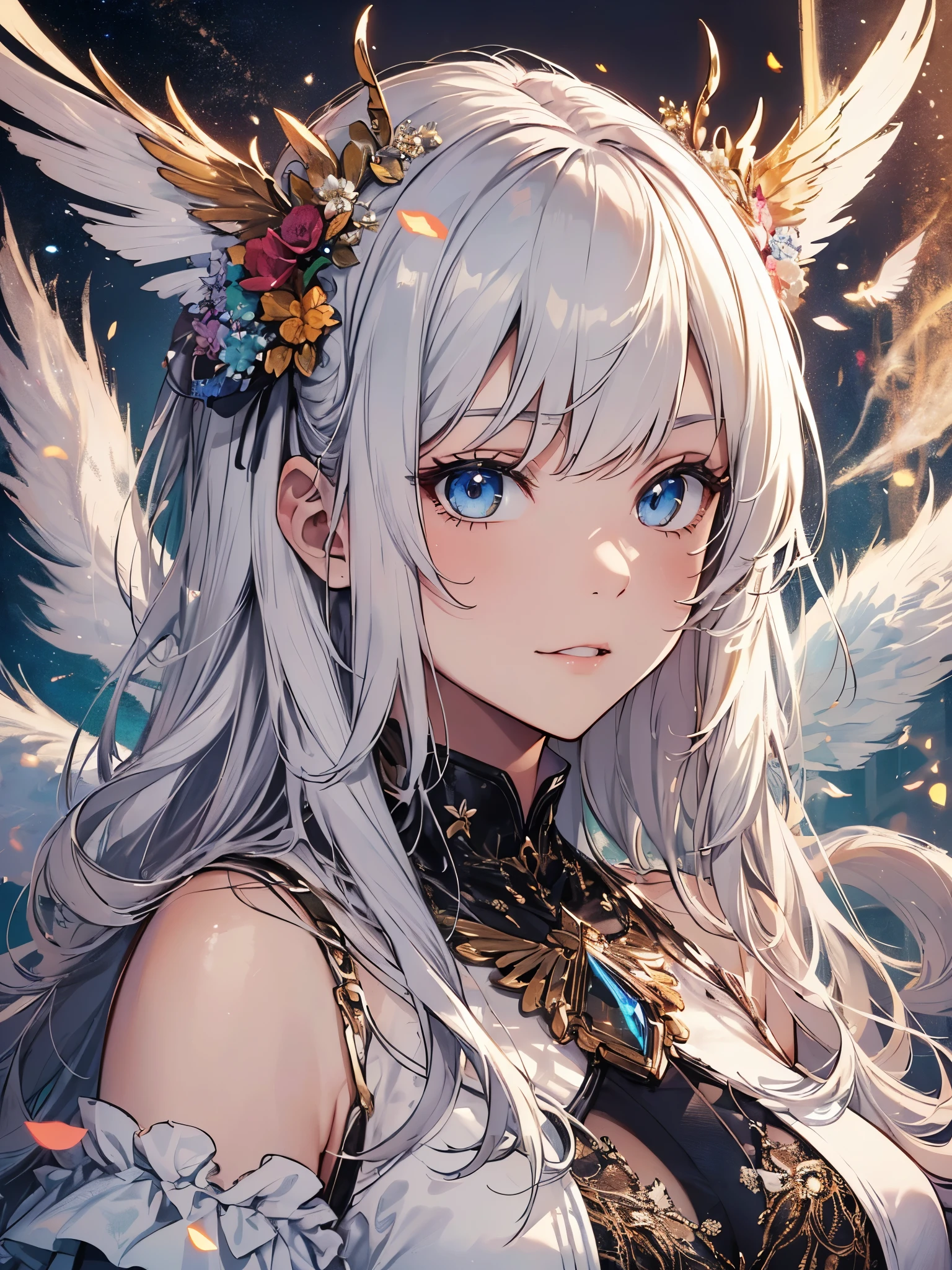 ((highest quality)),(ultra high resolution),(Super detailed),(detailed description),((best CG)),(best work of art),super precision art,amazing drawing art,(Art with precise details:1.5), (cute girl angel:1.5),(cute and adorable face:1.6),(Cute wings:1.6),(smug face:1.,8),full of confidence々:1.2,