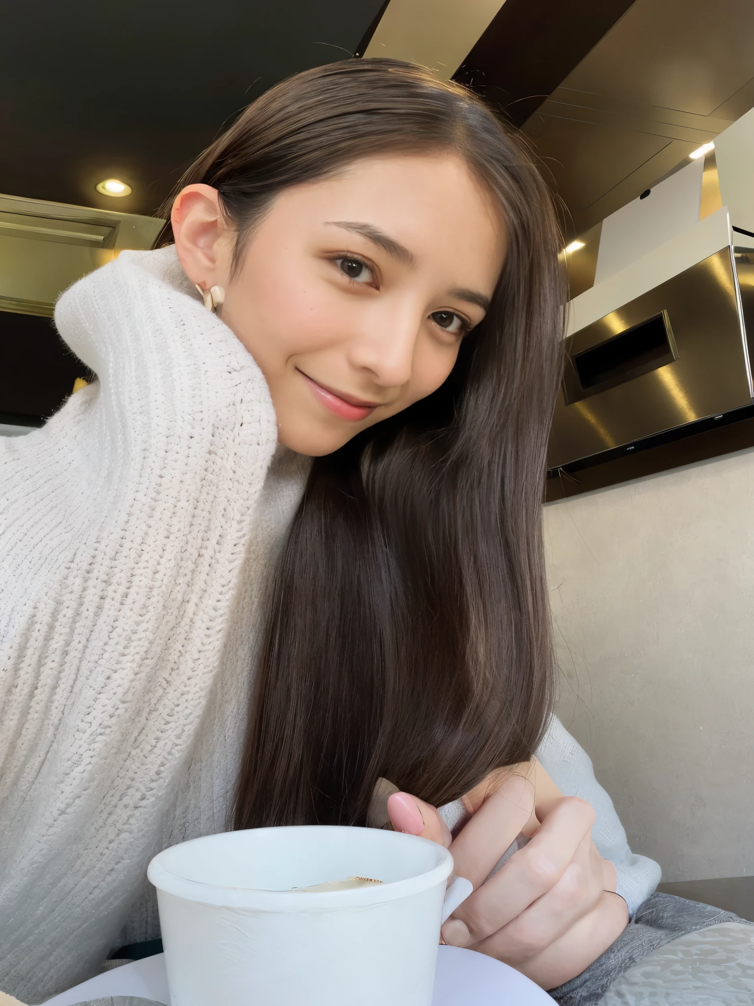 There is a woman sitting at a table drinking coffee, kimi takemura, 🚿🗝📝, Chiho, Yoshitomo Nara, deAyami kojima, sakimichan, reluvy5213, with long hair, warm and gentle smile, Ayami, motto hole